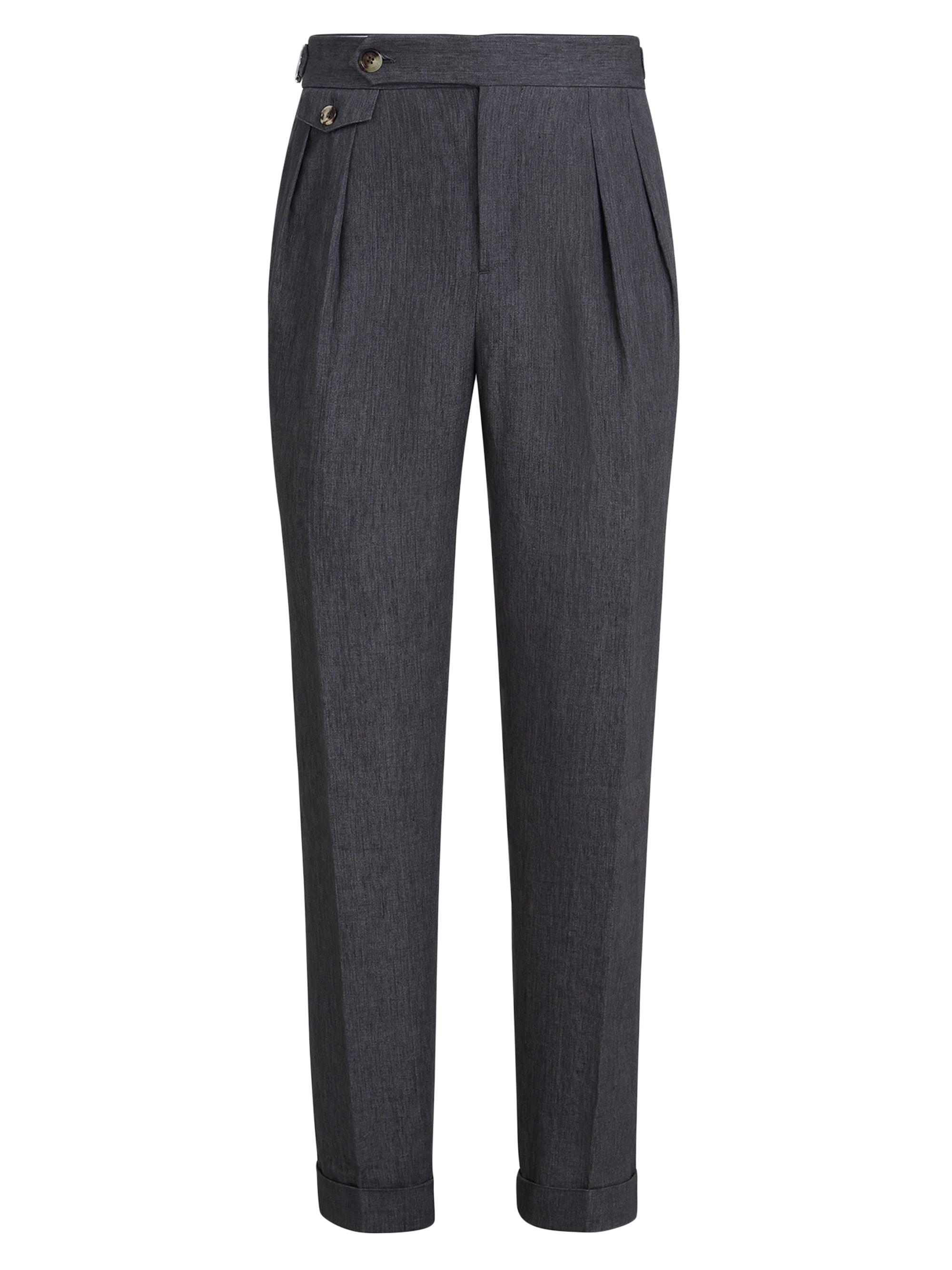 Brunello Cucinelli Men's Lightweight Délavé Linen Trousers with Reversed Double Pleats - Anthracite