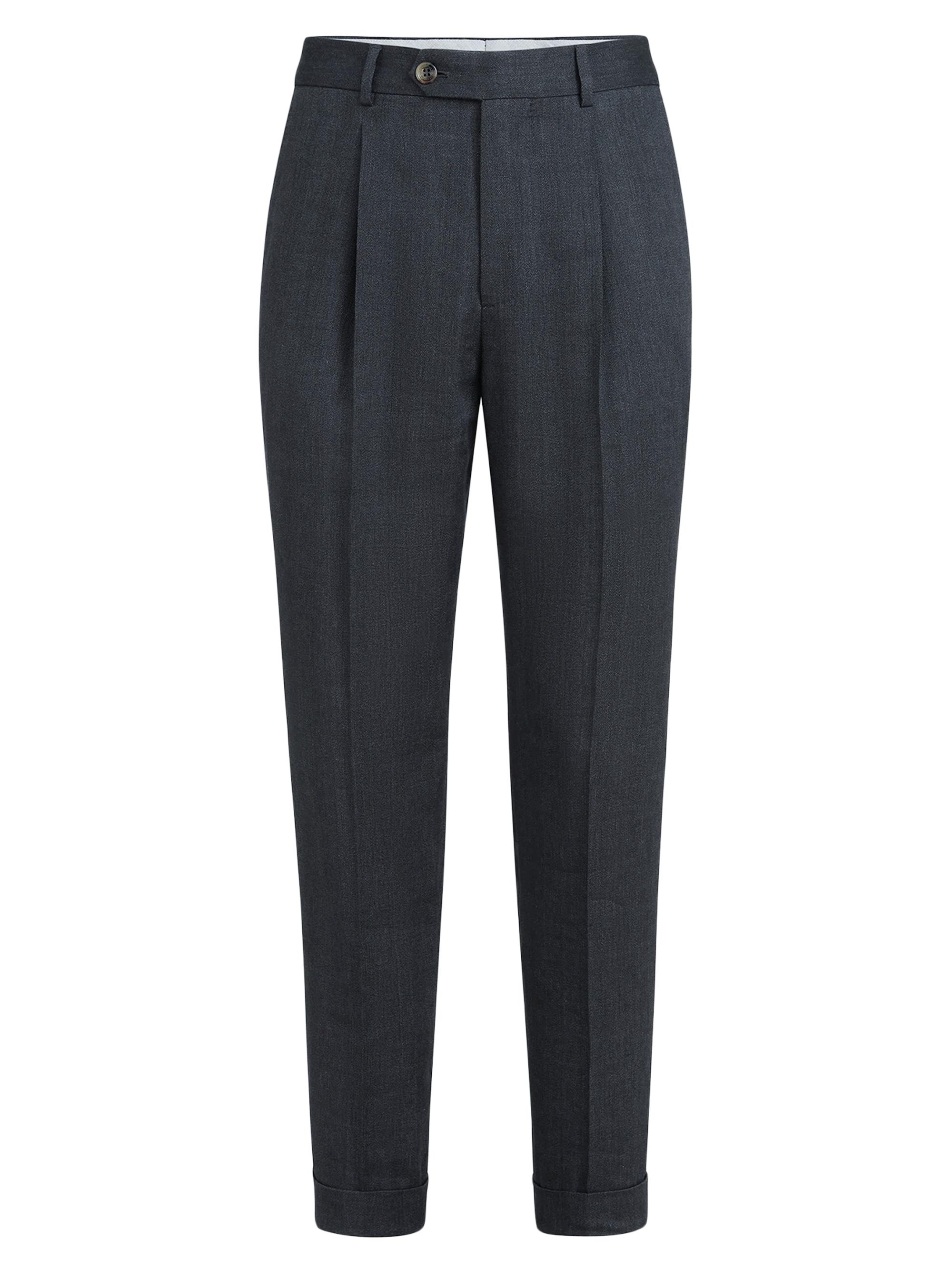 Brunello Cucinelli Men's Linen and Virgin Wool Chevron Trousers with Pleats - Anthracite
