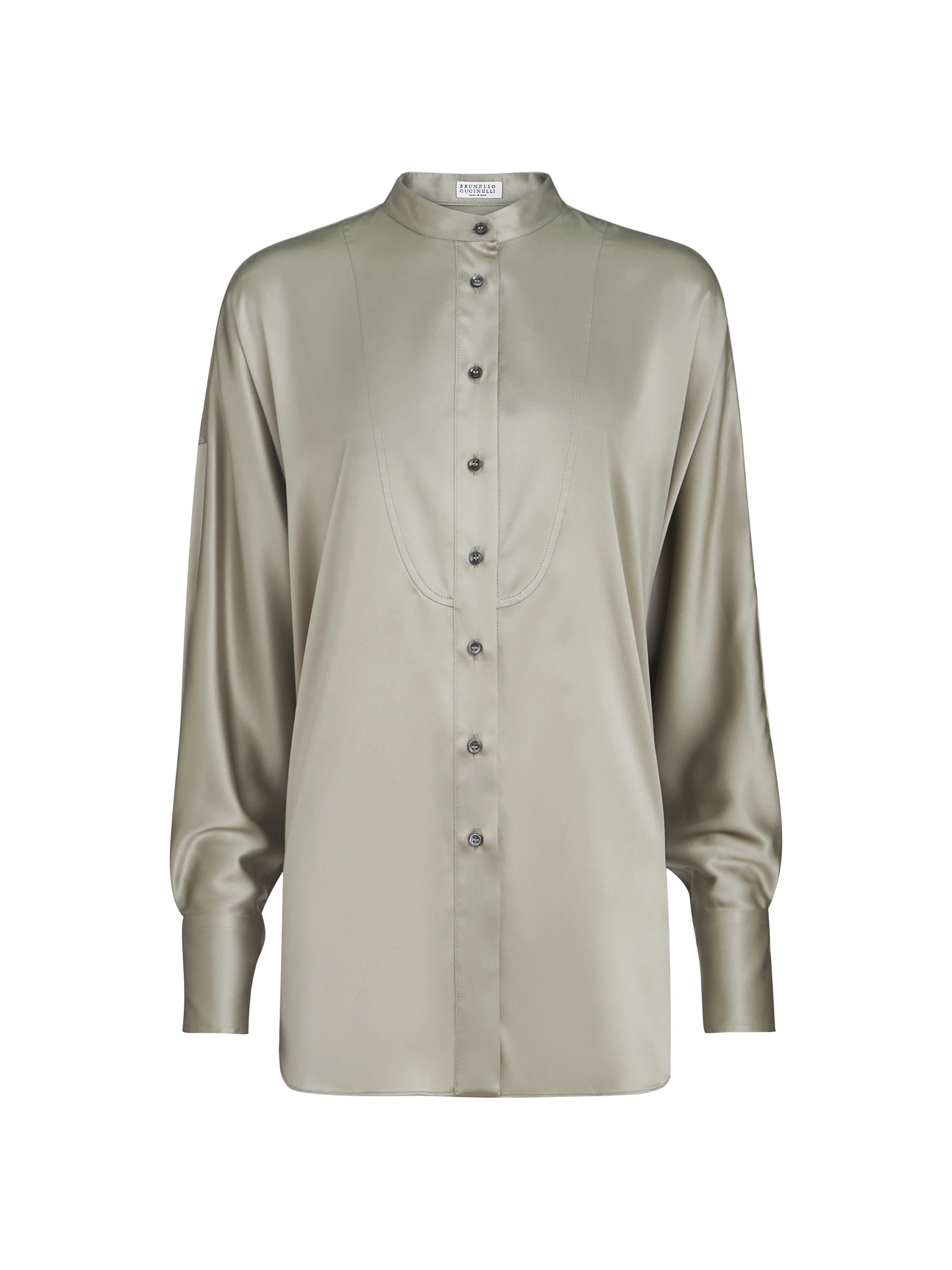 Brunello Cucinelli Women's Stretch Silk Satin Mandarin Collar Shirt - Olive