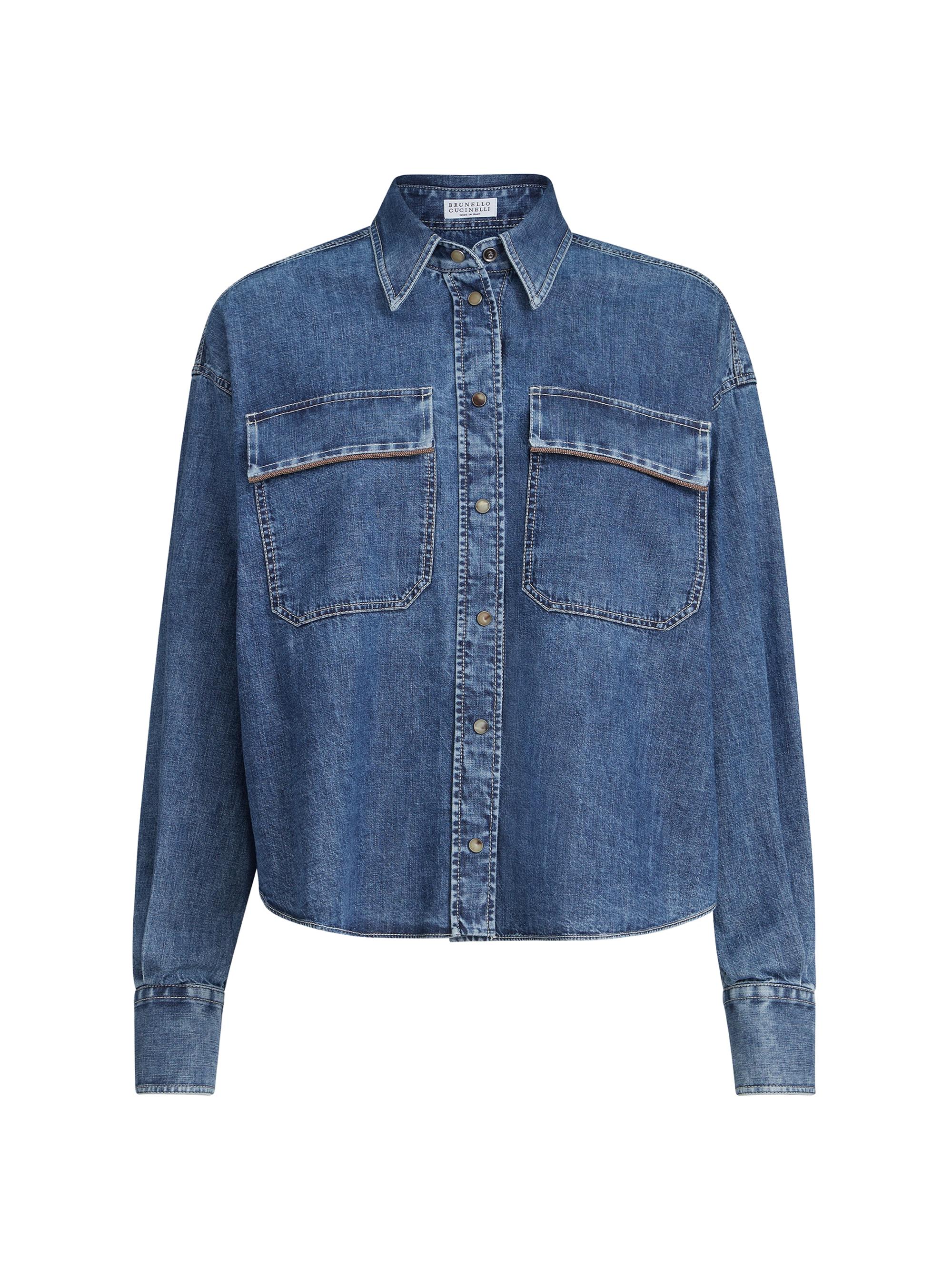 Brunello Cucinelli Women's Lightweight Denim Shirt with Shiny Pockets - Denim