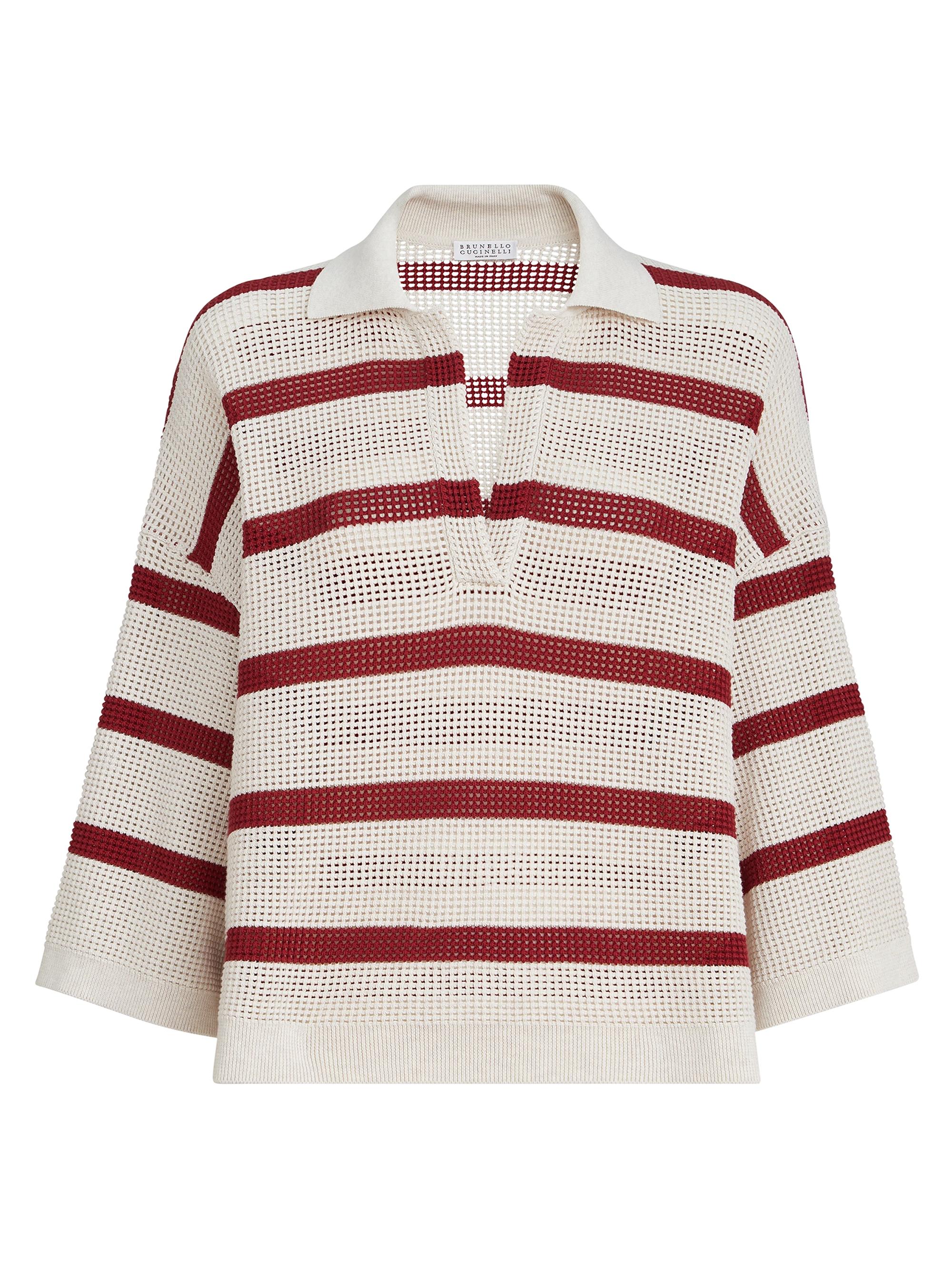 Brunello Cucinelli Women's Cotton Striped Net Knit Polo Shirt - Bordeaux