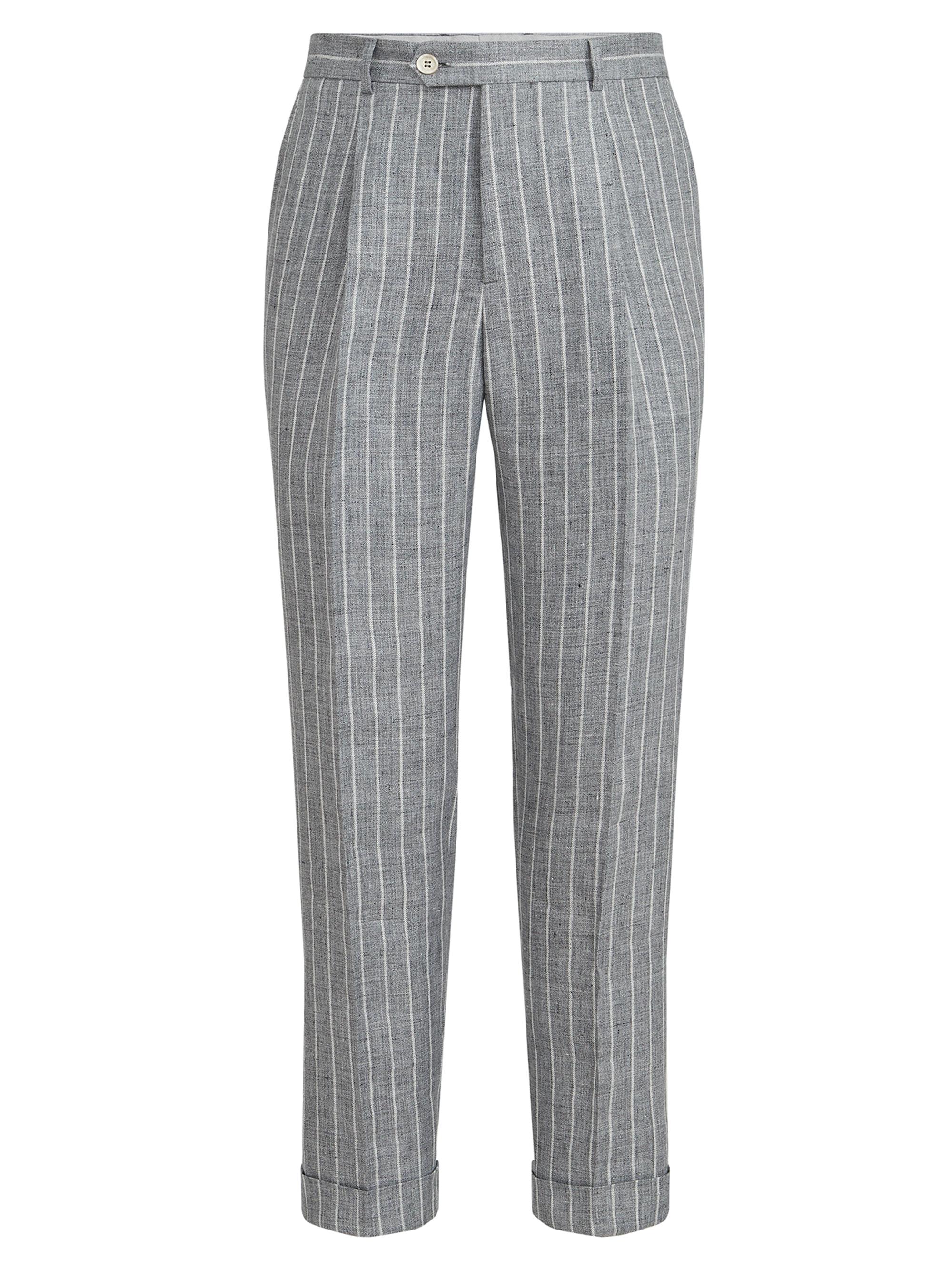 Brunello Cucinelli Men's Chalk Stripe Linen Twill Trousers with Pleats - Medium Grey