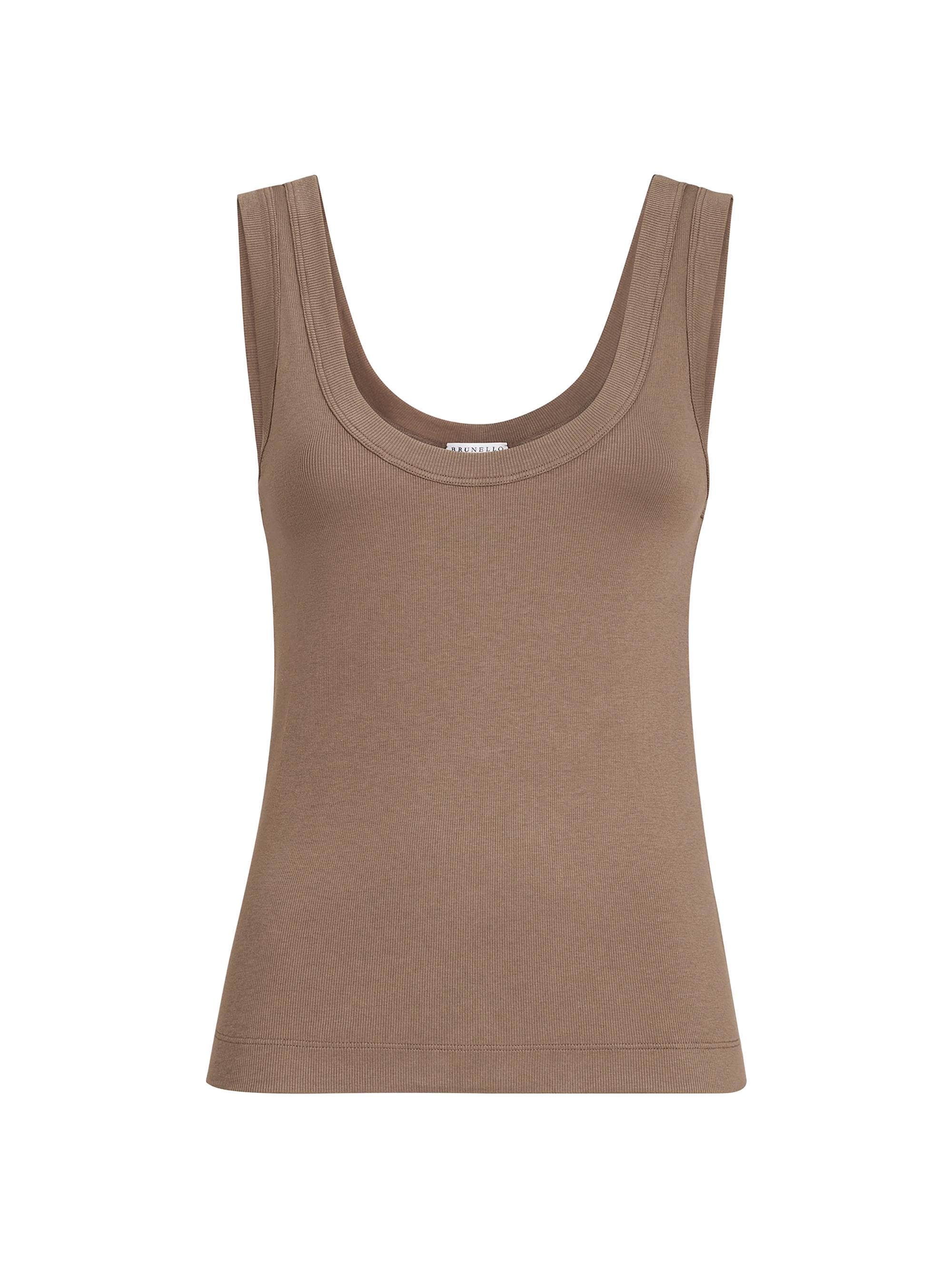 Brunello Cucinelli Women's Stretch Cotton Ribbed Jersey Top with Monili - Chocolate