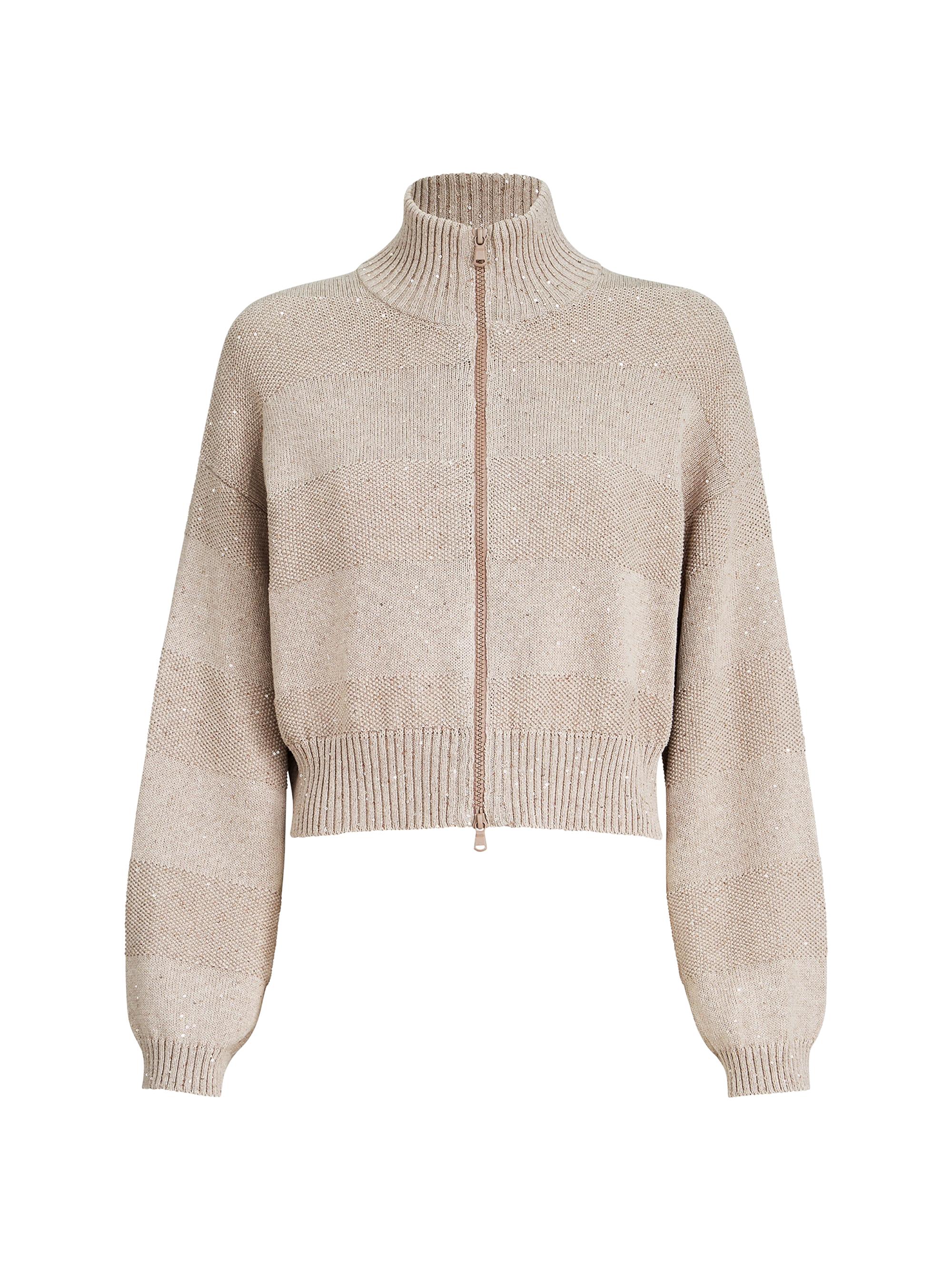 Brunello Cucinelli Women's Textured Stripe Cardigan in Cotton Diamond Yarn - Desert