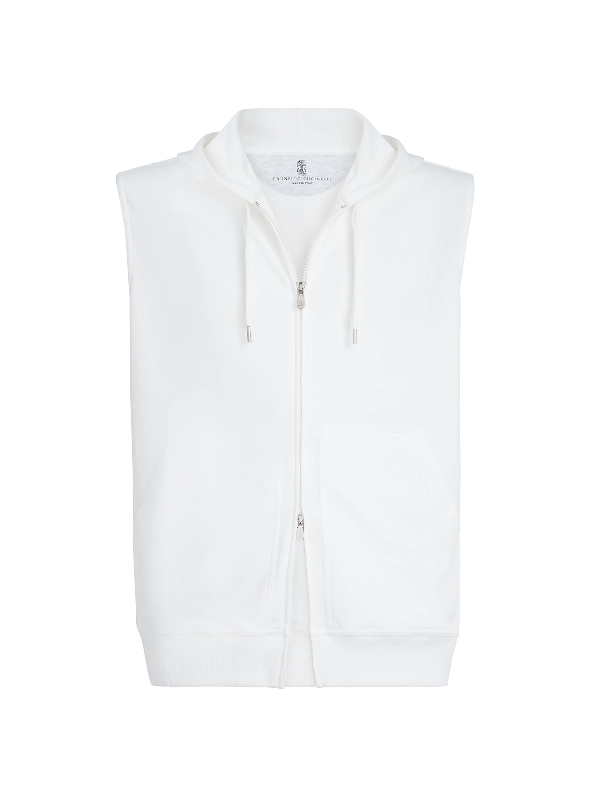 Brunello Cucinelli Men's Techno Cotton French Terry Sleeveless Sweatshirt with Zipper and Hood - Off White