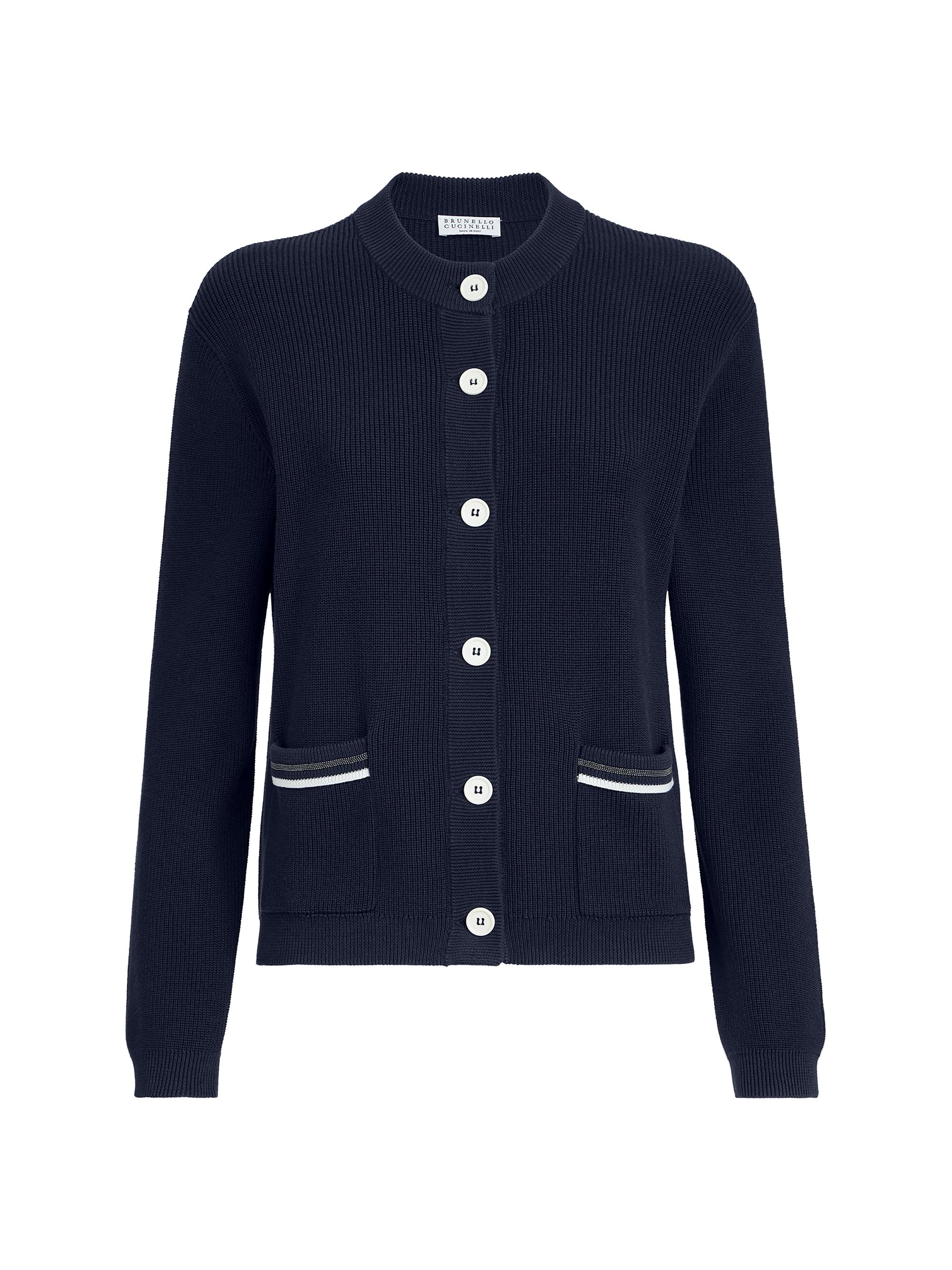 Brunello Cucinelli Women's Cotton Ribbed Cardigan with Shiny Pocket Details - Blue