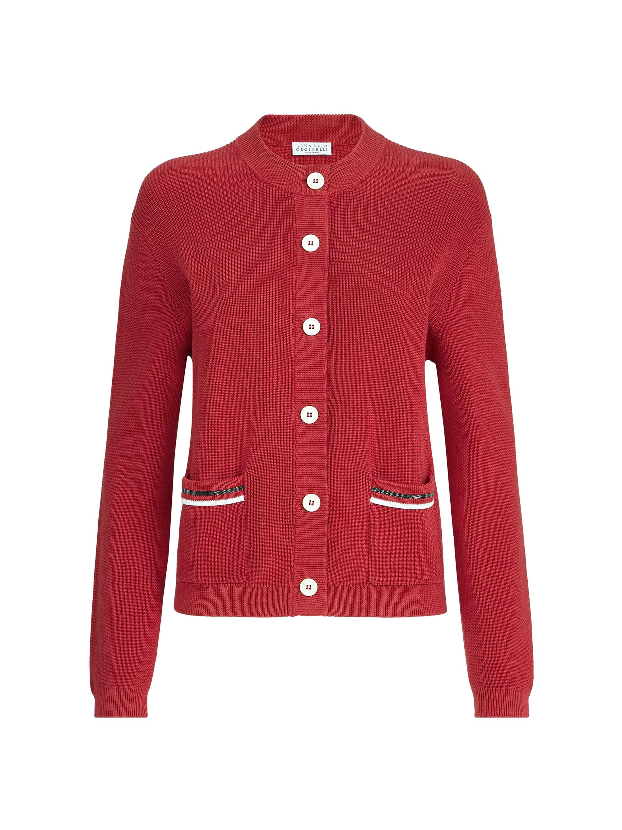 Brunello Cucinelli Women's Cotton Ribbed Cardigan with Shiny Pocket Details - Ruby | Thumbnail 7