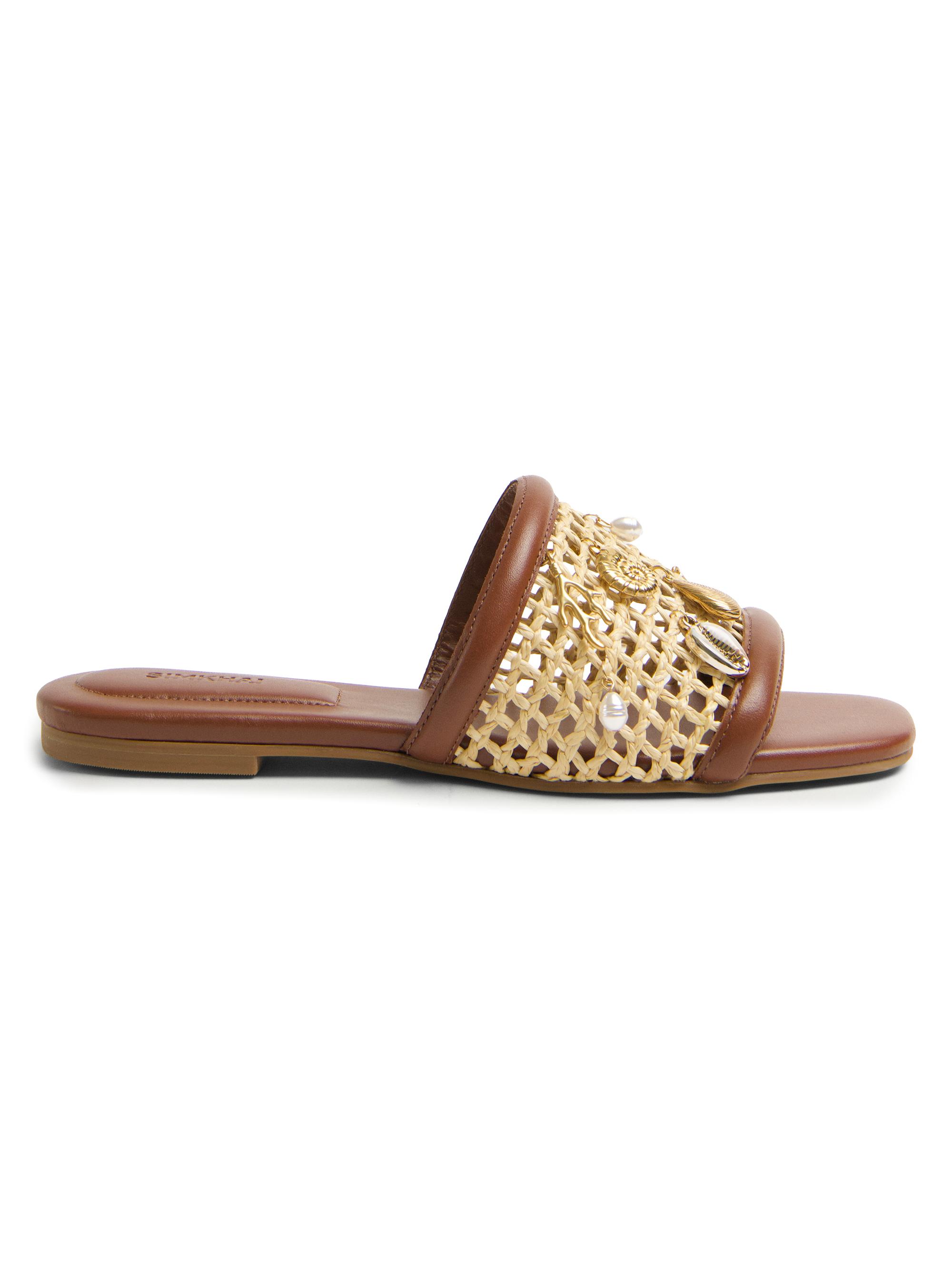 SIMKHAI Women's Caspian Charm-Embellished Netted-Raffia Flat Sandals - Sequoia Natural