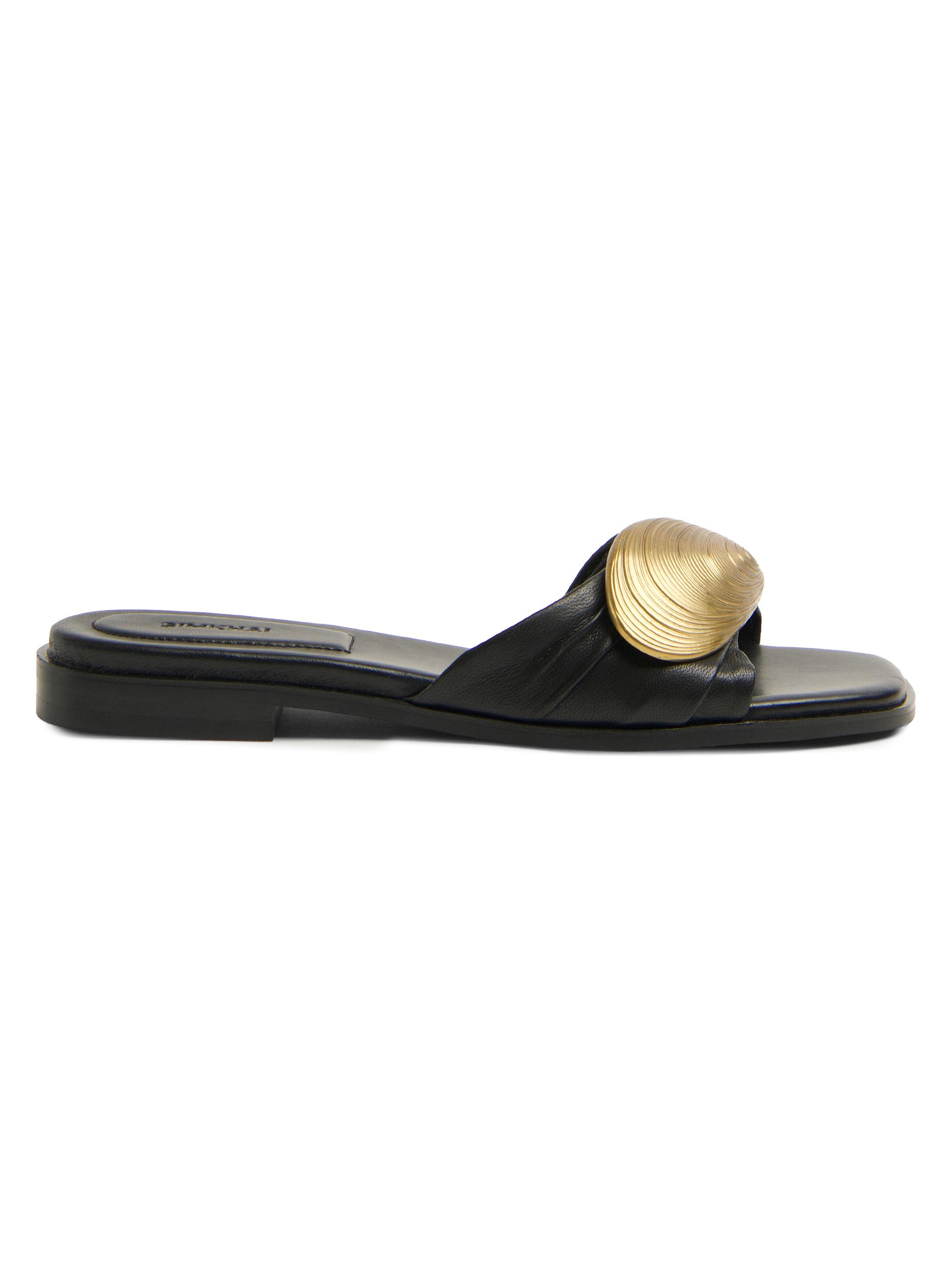 SIMKHAI Women's Gigi Oyster Shell Hardware-Detail Leather Sandals - Black Antique Gold