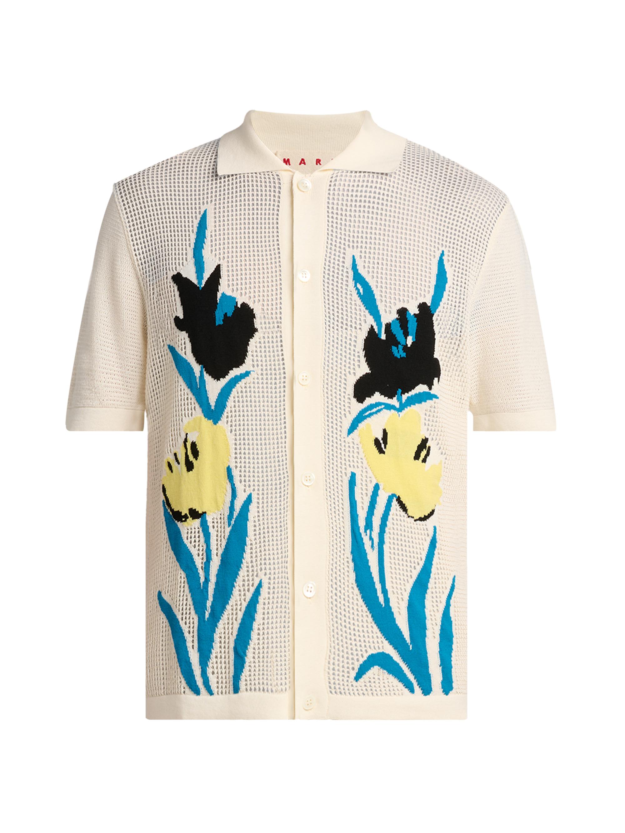 Marni Men's Intarsia-Knit Floral Open-Mesh Shirt - Alabaster