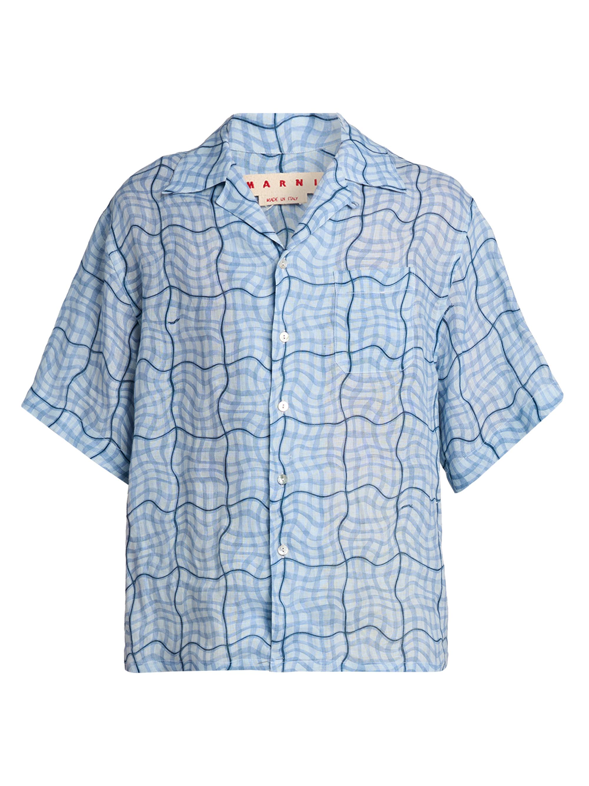 Marni Men's Wavy Check Linen Button-Front Shirt - Light Blue