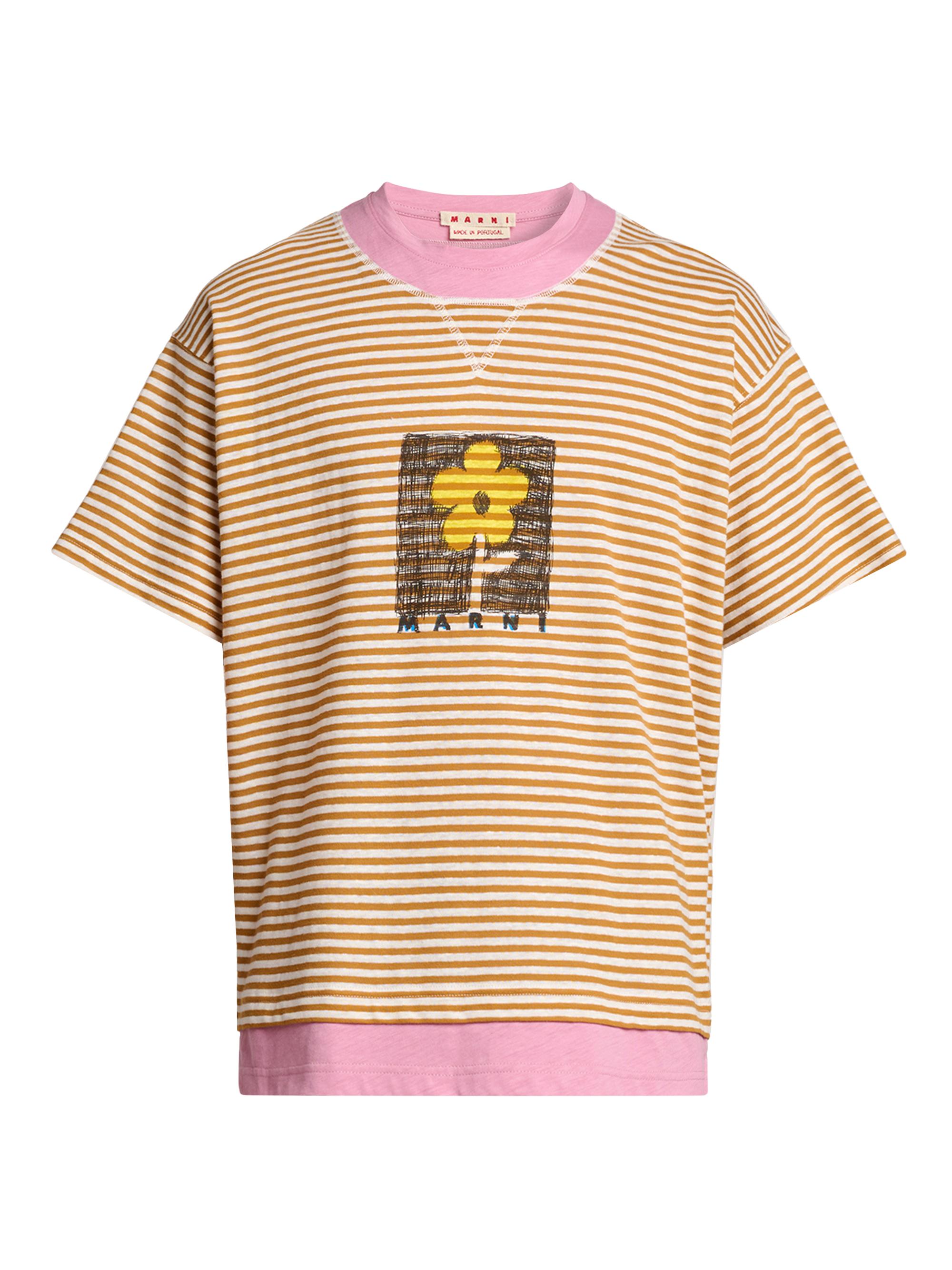 Marni Men's Striped Floral Sketch Linen-Cotton T-Shirt - Mustard