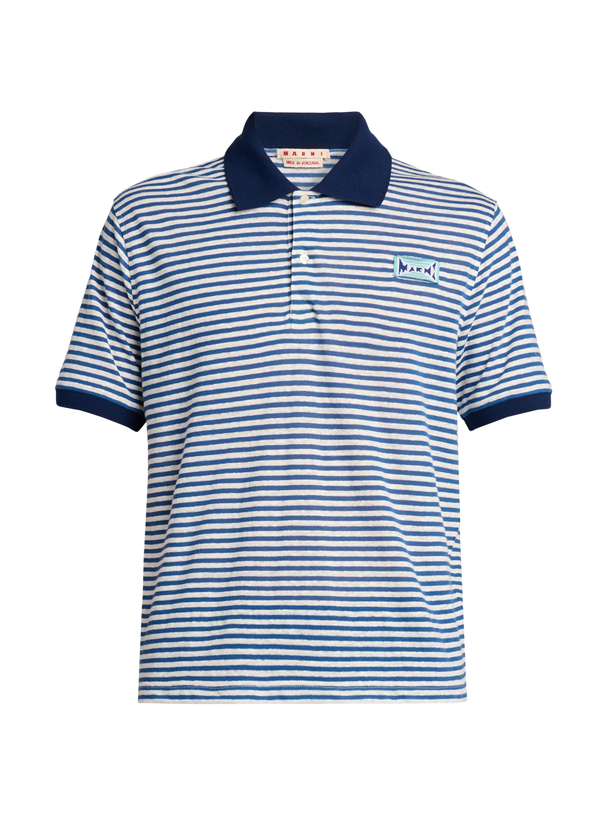Marni Men's Striped Linen-Blend Polo Shirt - Royal