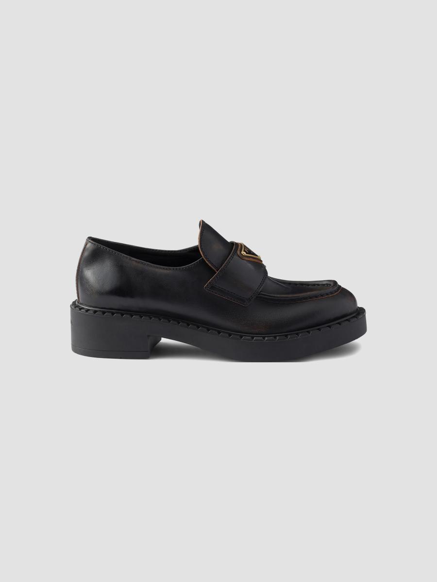 Prada Chocolate Antiqued Leather Loafers | Saks Fifth Avenue