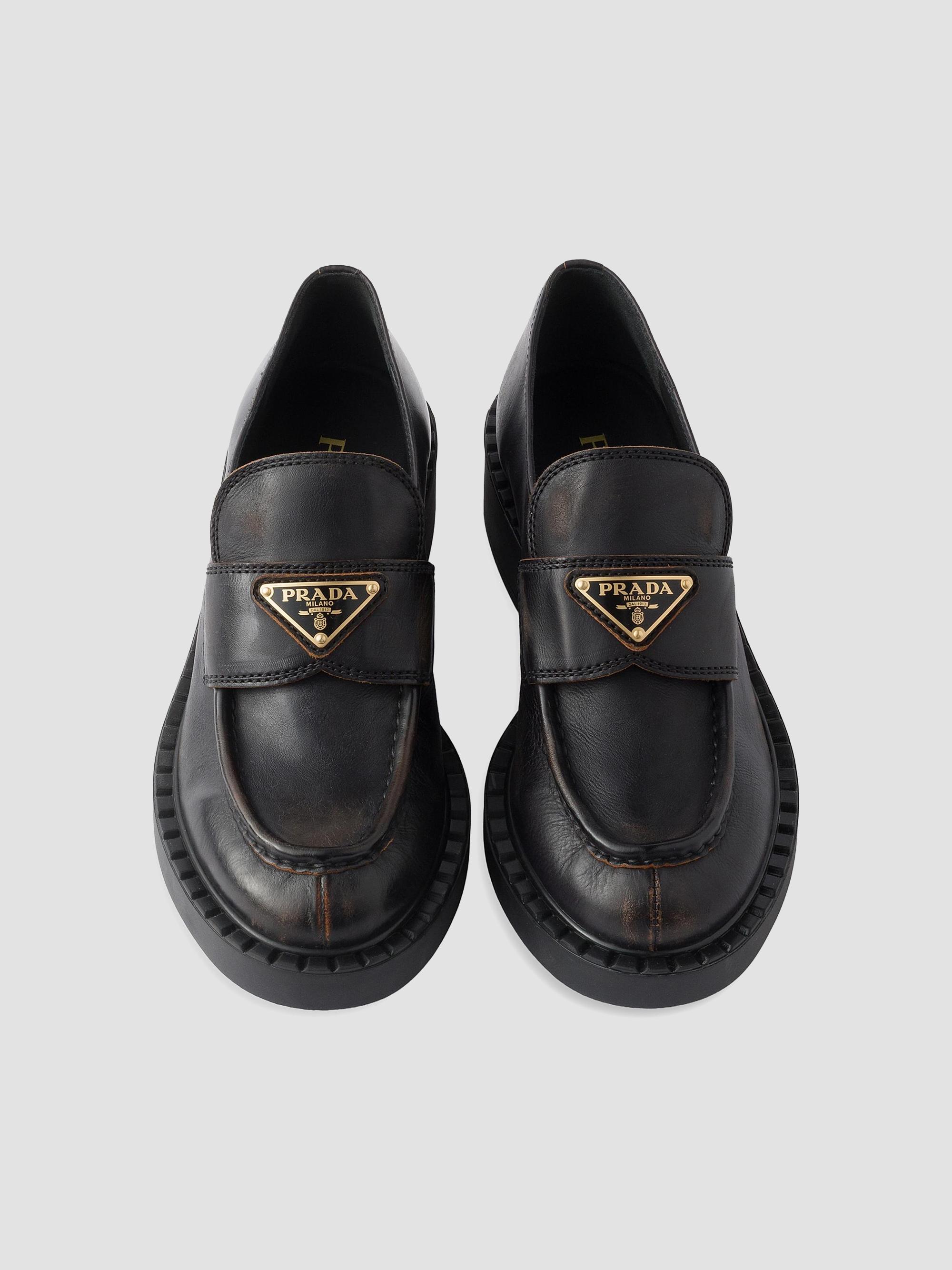 Prada Chocolate Antiqued Leather Loafers | Saks Fifth Avenue