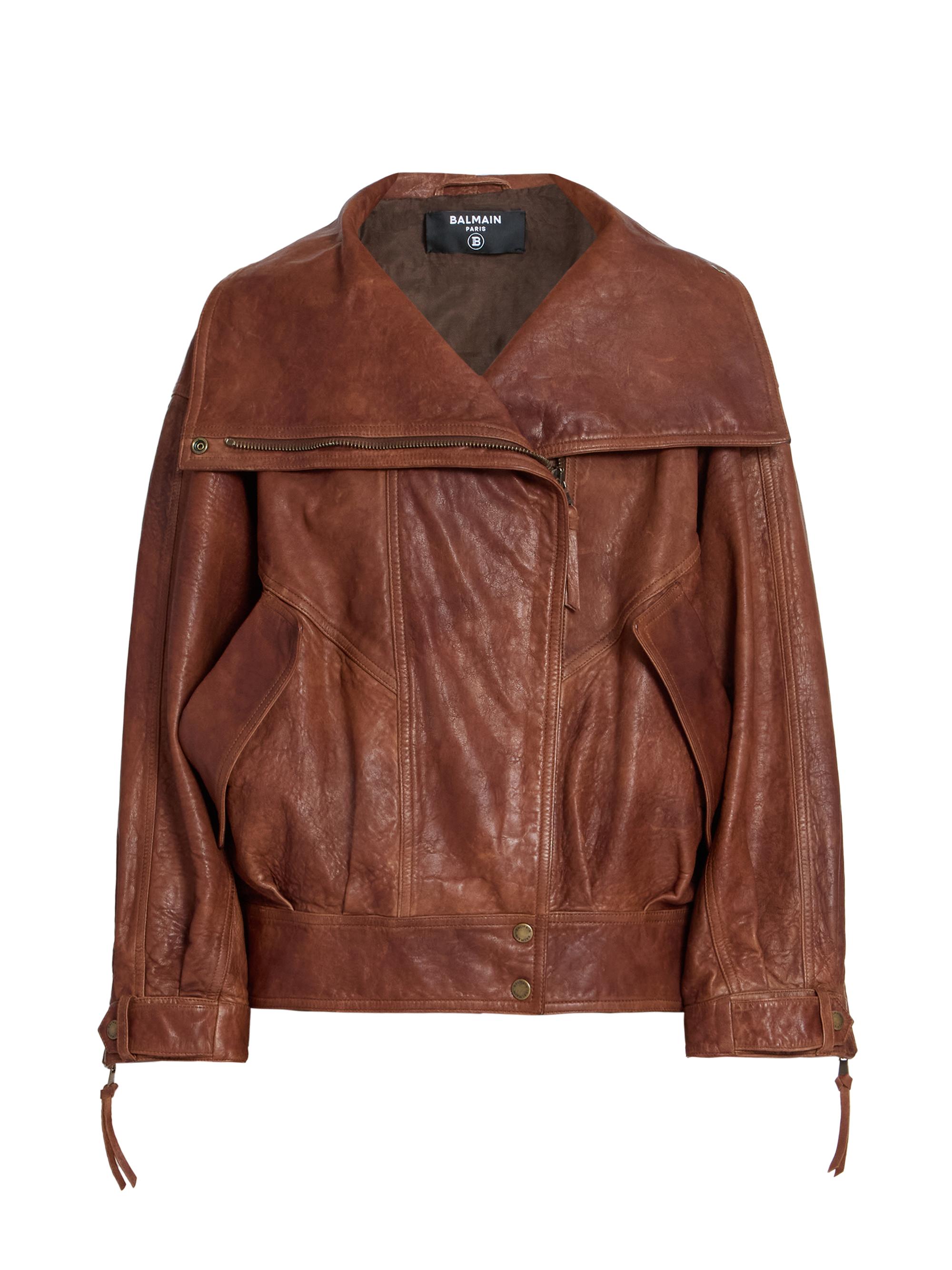 Balmain Women's High Collar Leather Blouson Jacket - Marron