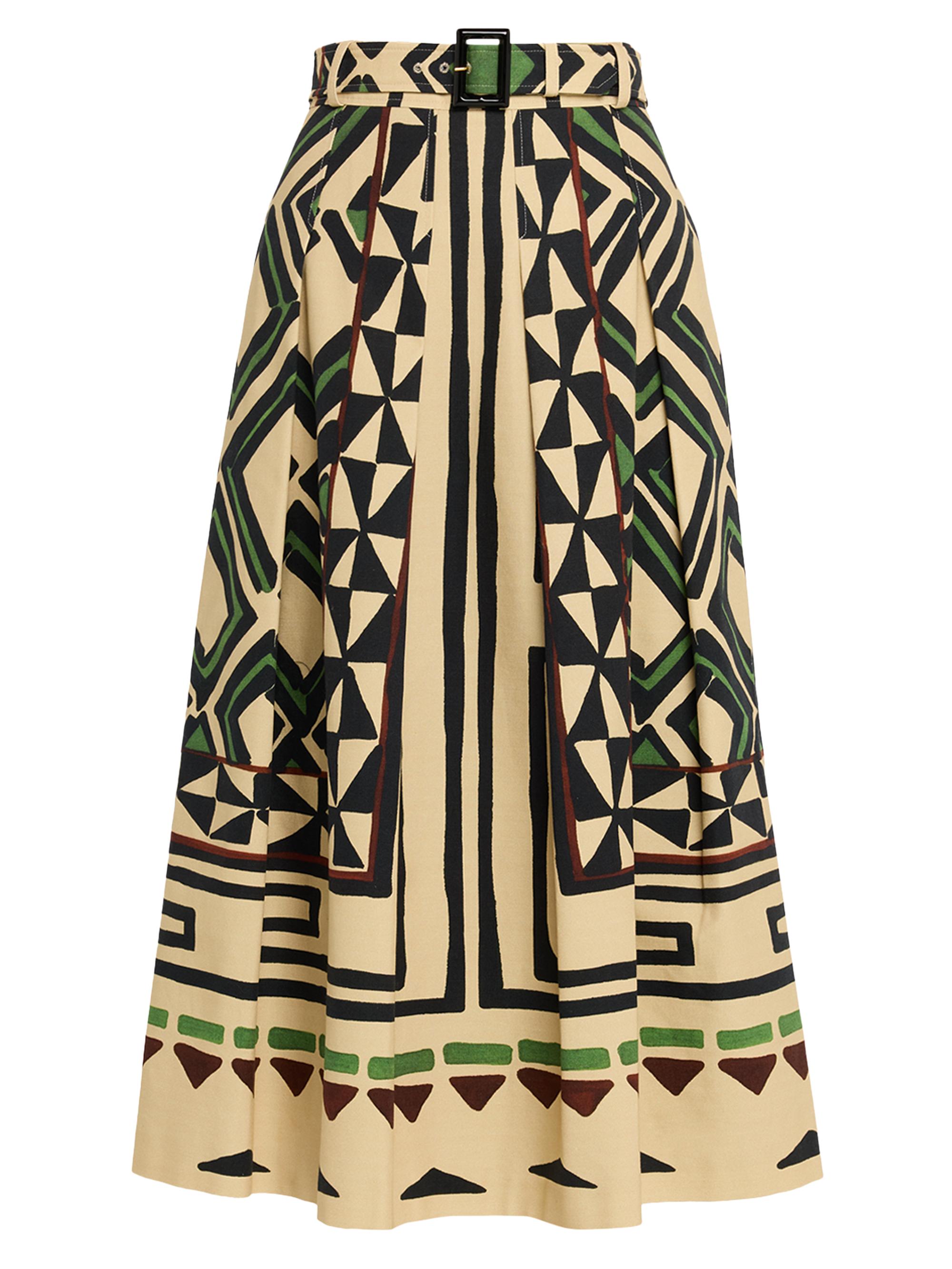 Maison Common Women's Patterned Cotton Canvas Belted Midi-Skirt - Beige Multi