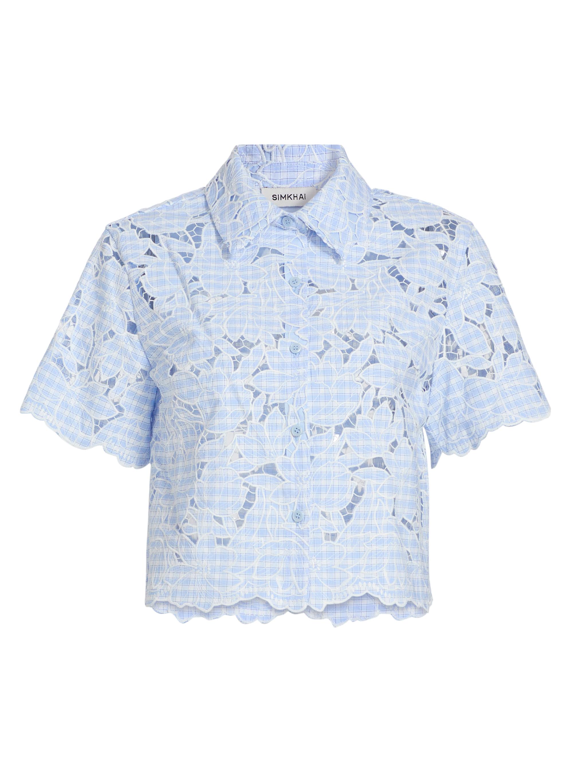 SIMKHAI Women's Ryett Checked Laser-Cut Floral Crop Shirt - Periwinkle Sky Multi | Thumbnail 8