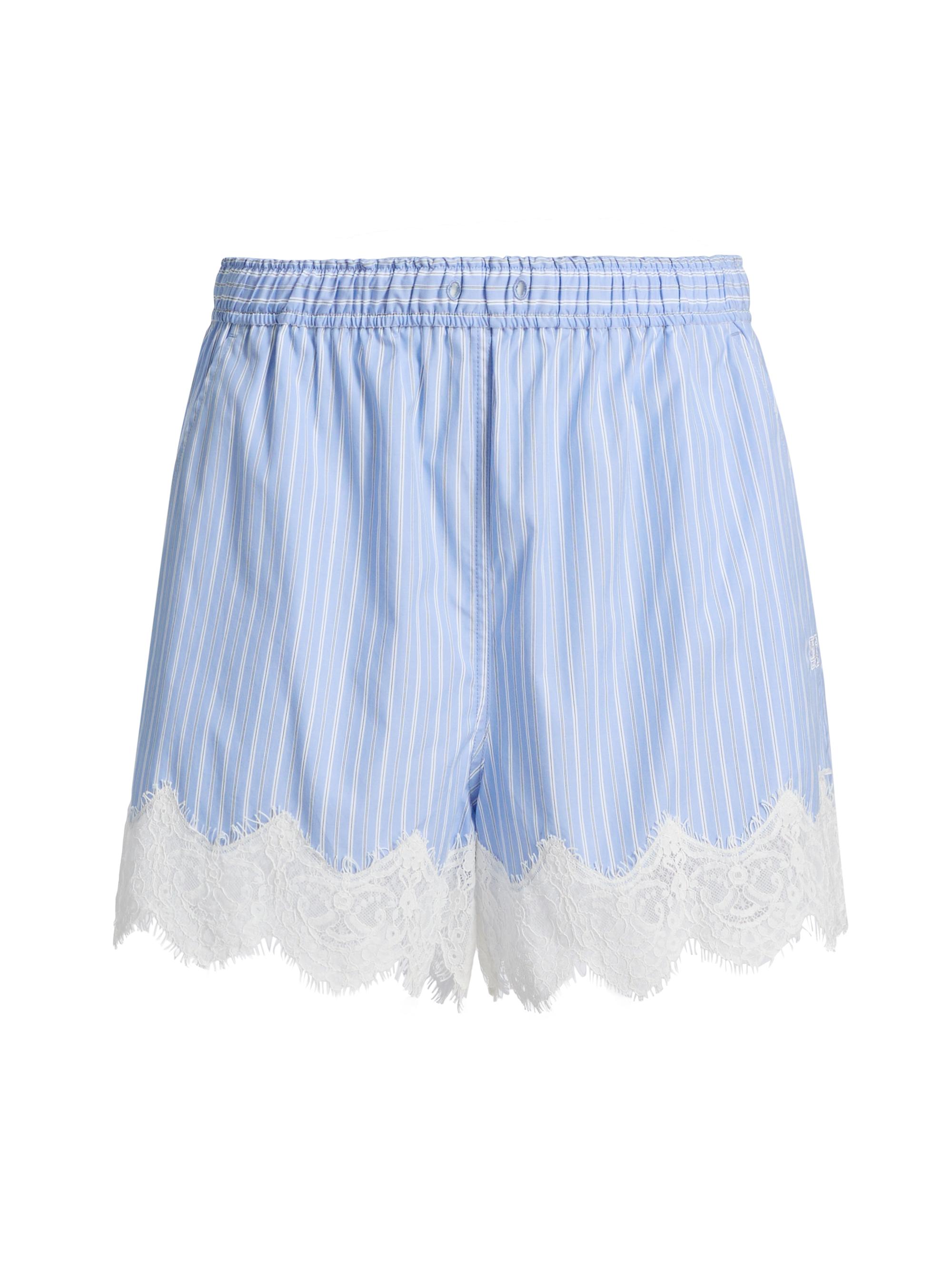 SIMKHAI Women's Contrast Lace-Trim Poplin Boxer Shorts - Oxford Blue Stripe