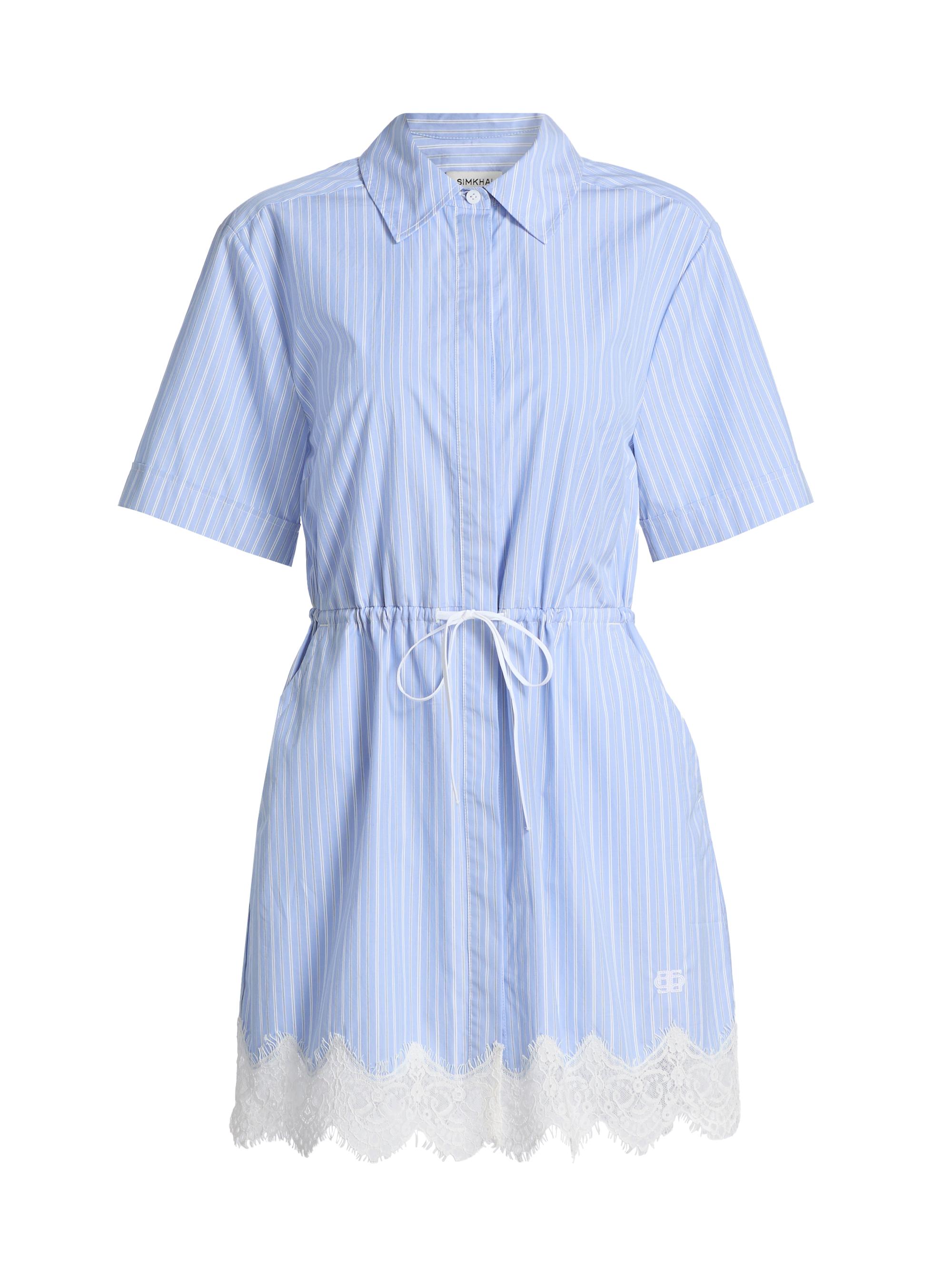 SIMKHAI Women's Contrast Lace-Trim Poplin Mini-Shirtdress - Oxford Blue Stripe