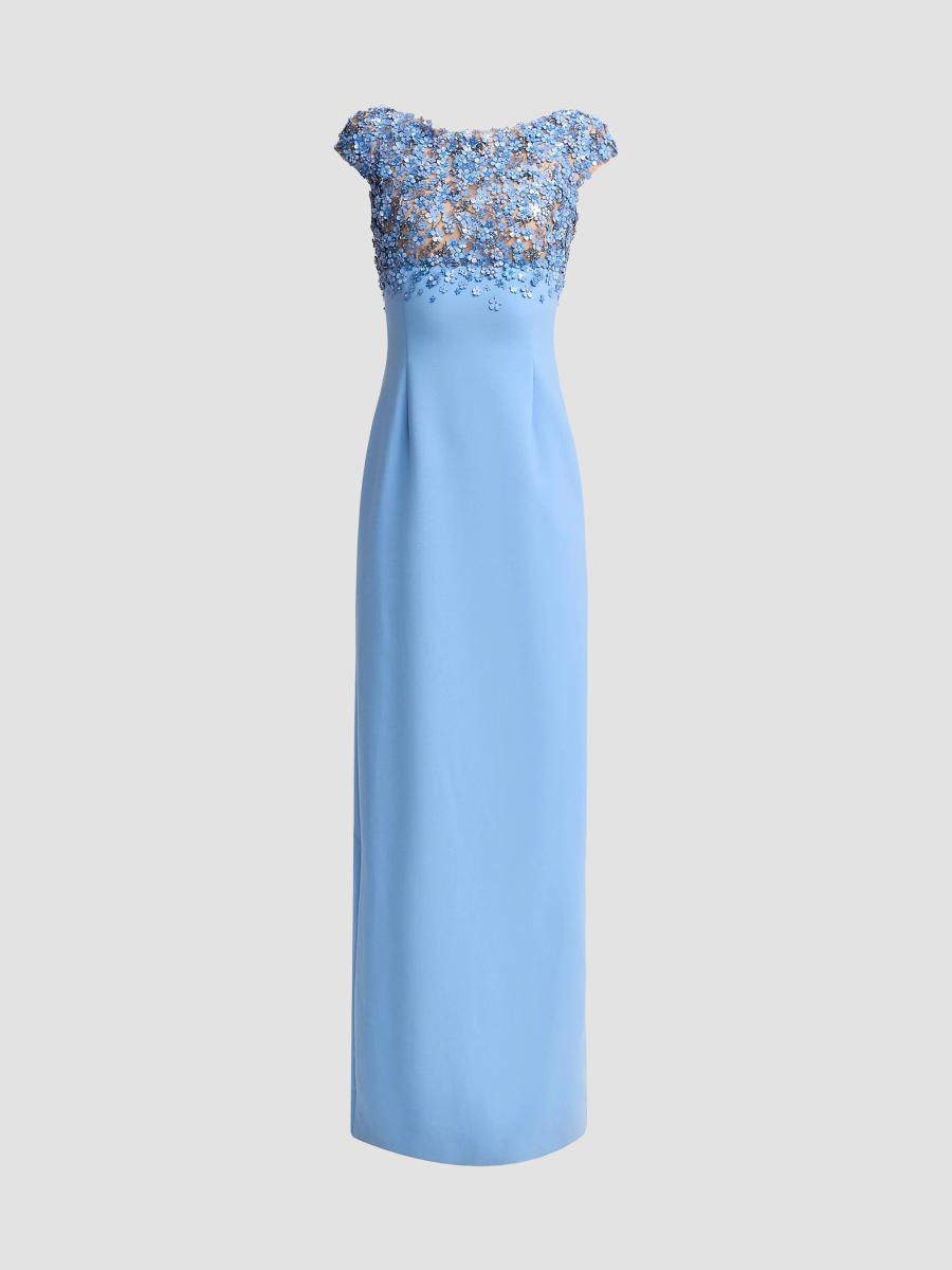 Oscar de la Renta シルク100% ペイズリー柄ドレス ブルー Oscar de la Renta Crystal-Embellished Hydrangea Column Gown | Saks