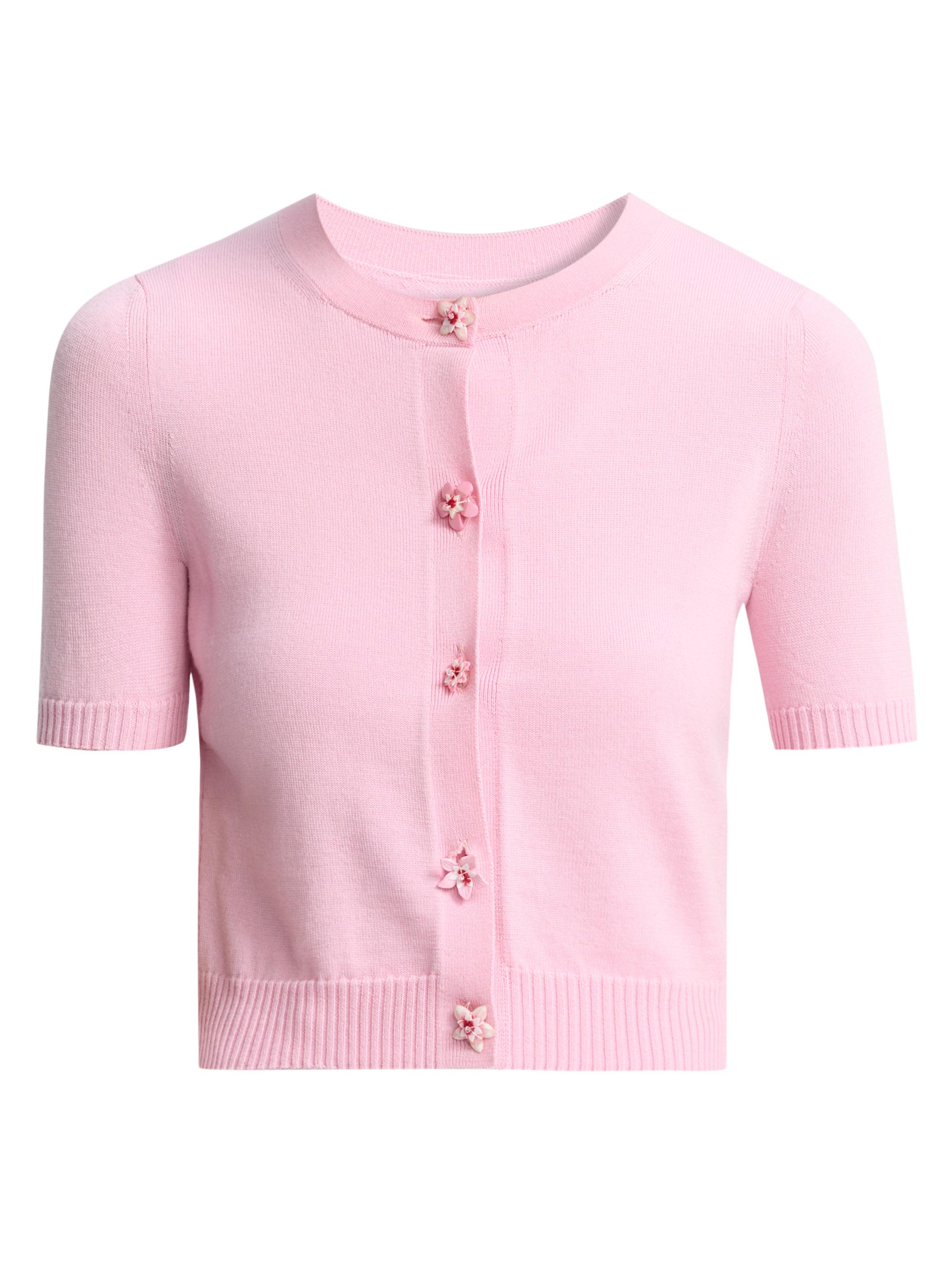 Oscar de la Renta Women's Flower-Button Short-Sleeve Wool Cardigan - Pink Butter