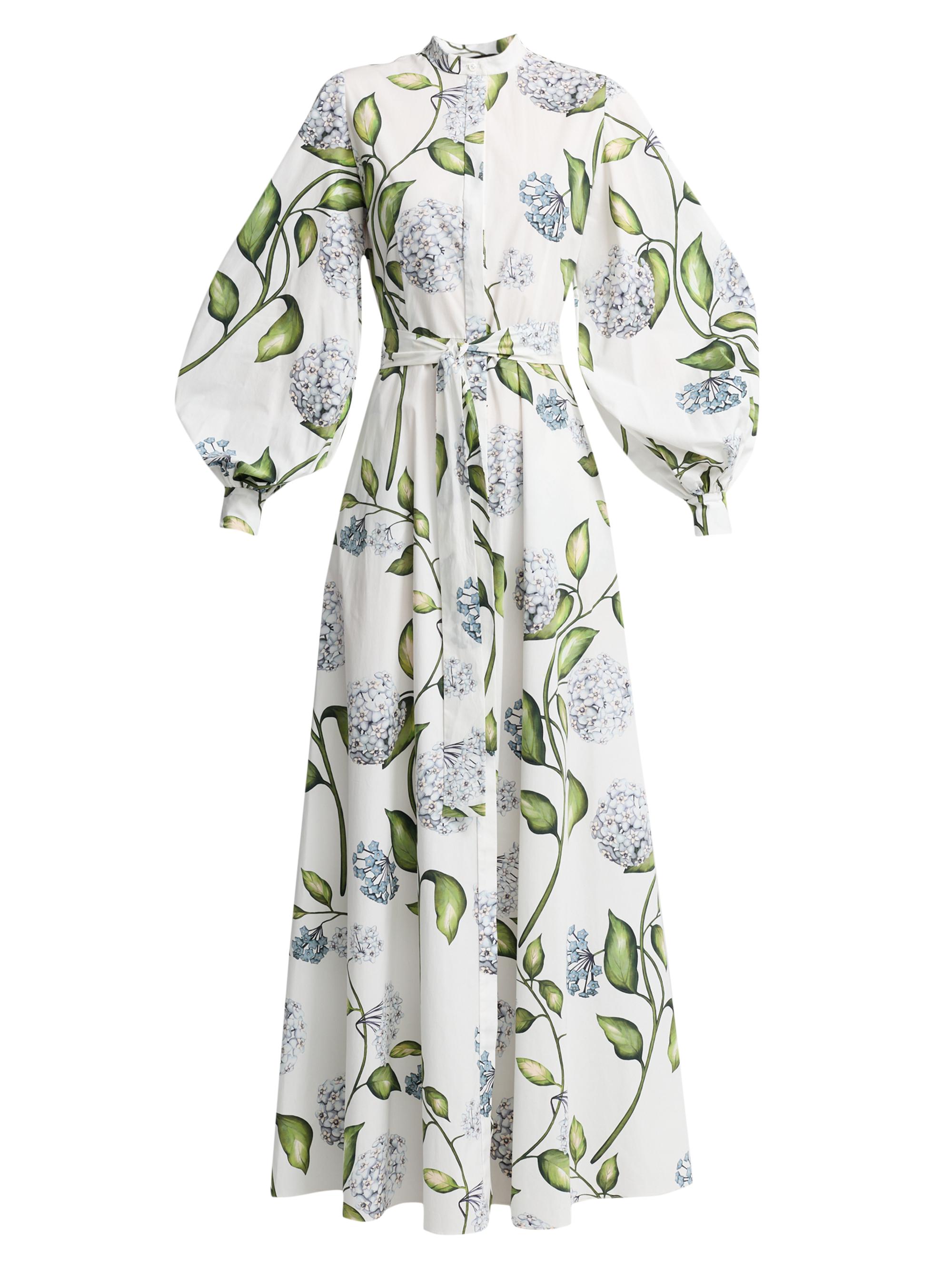 Oscar de la Renta Women's Porcelain Flowers Poplin Balloon-Sleeve Maxi Dress - Denim White