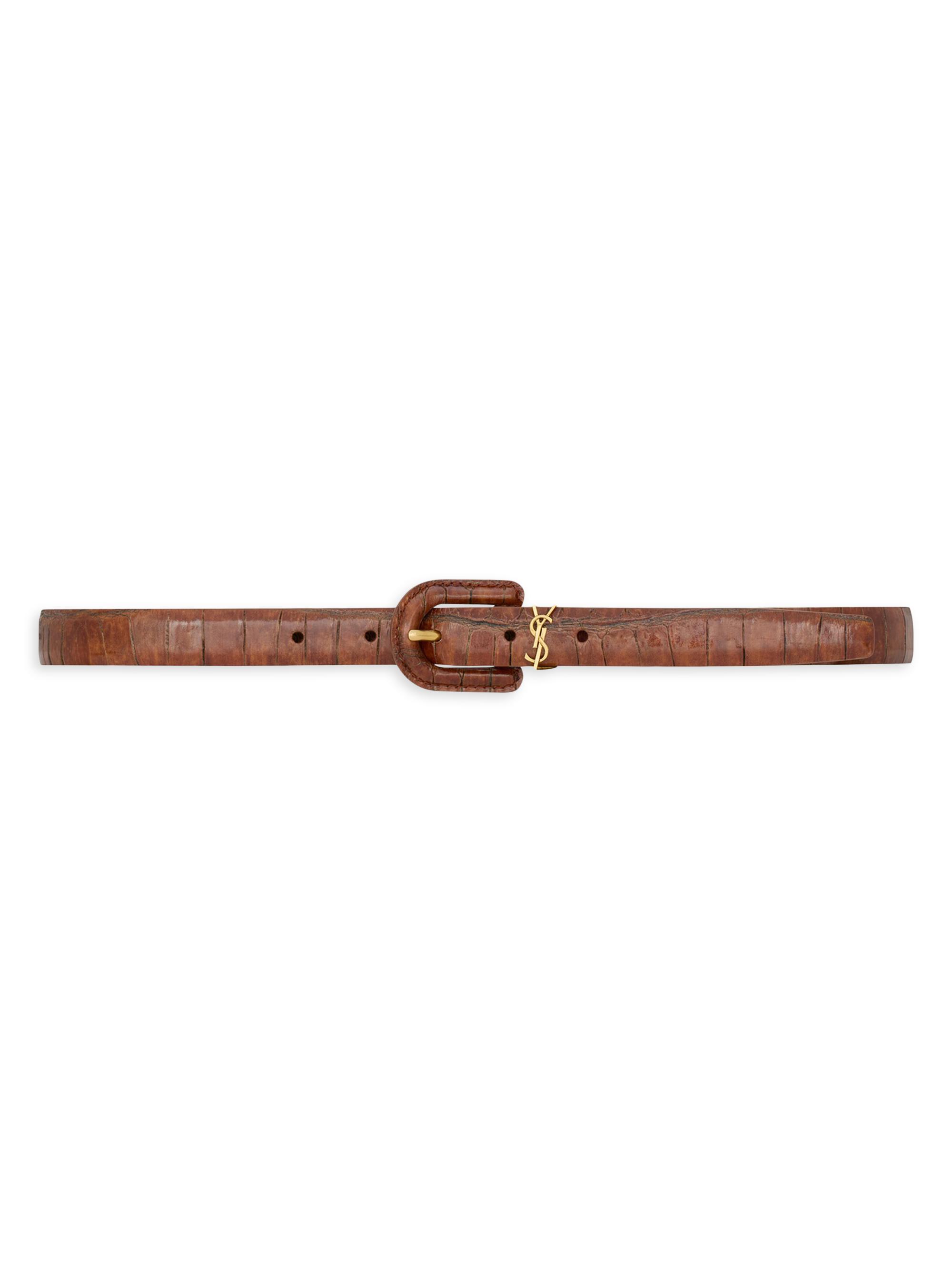 Saint Laurent Women's Cassandre Covered U Buckle Thin Belt in Crocodile-Embossed Leather - Vegetal Brown