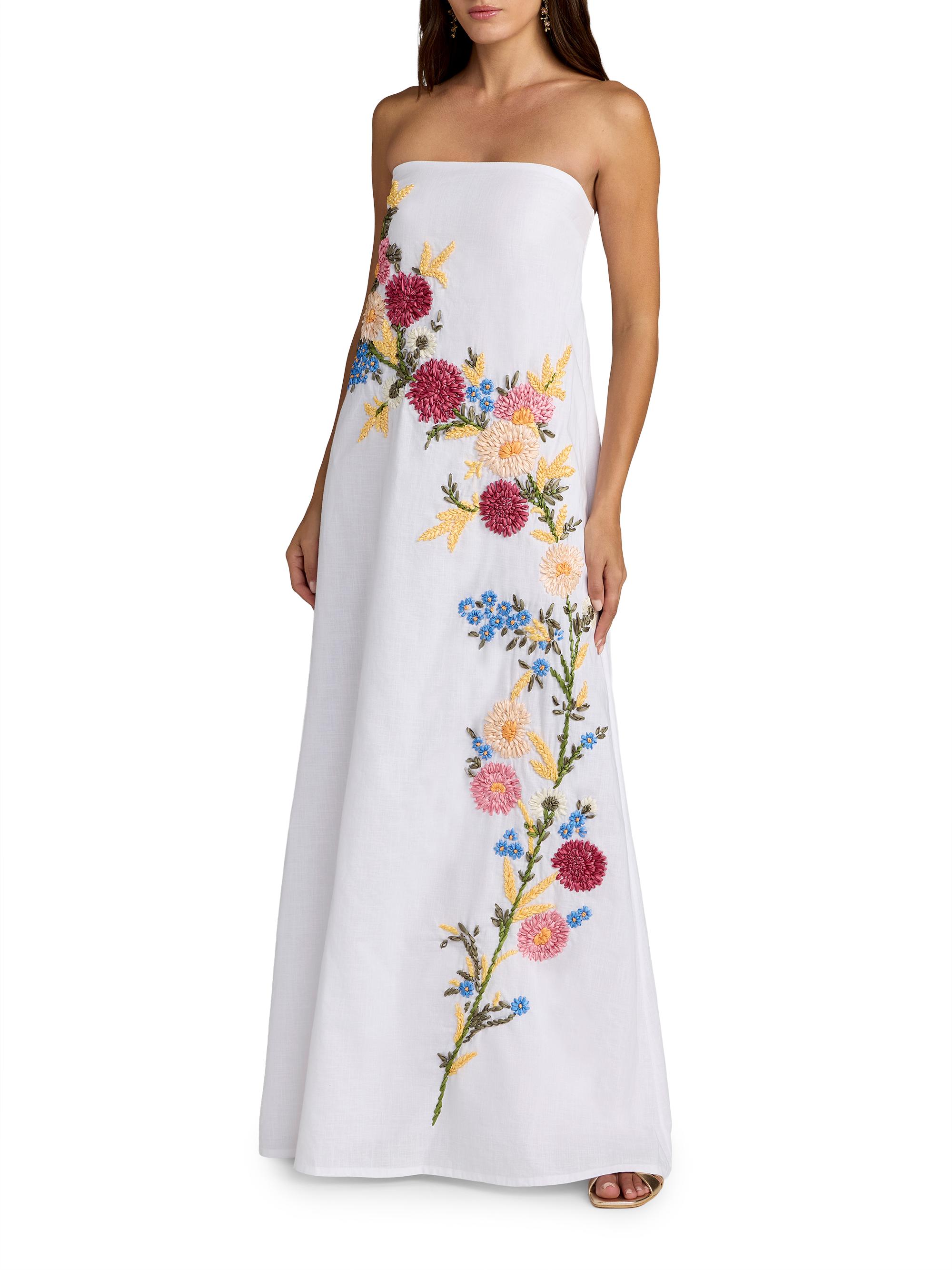 Mac Duggal Women's Floral Embroidered Linen Strapless Trapeze Gown - White Multi