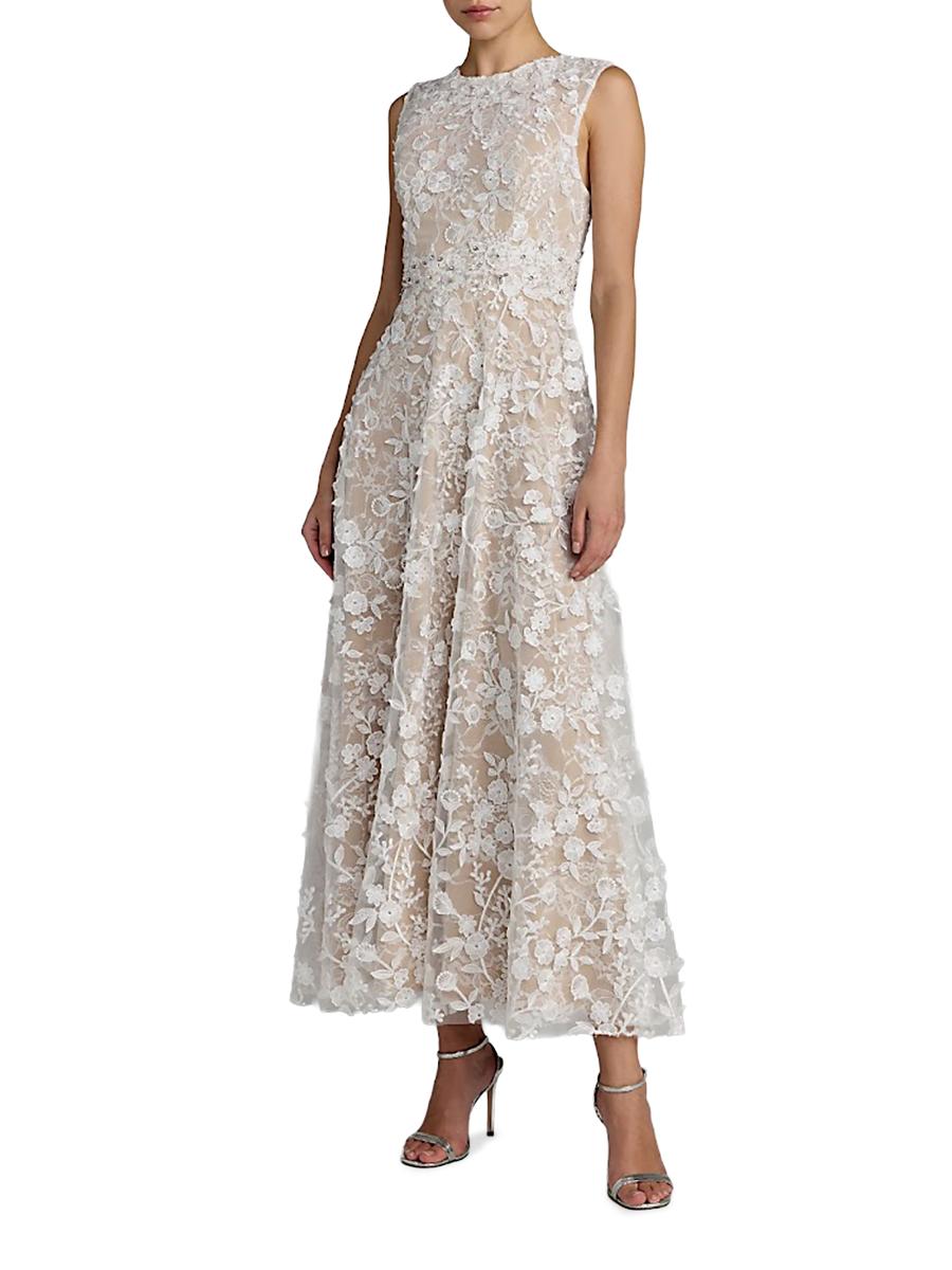 Mac Duggal Women's Floral Embroidered Round-neck Midi-dress In Brown