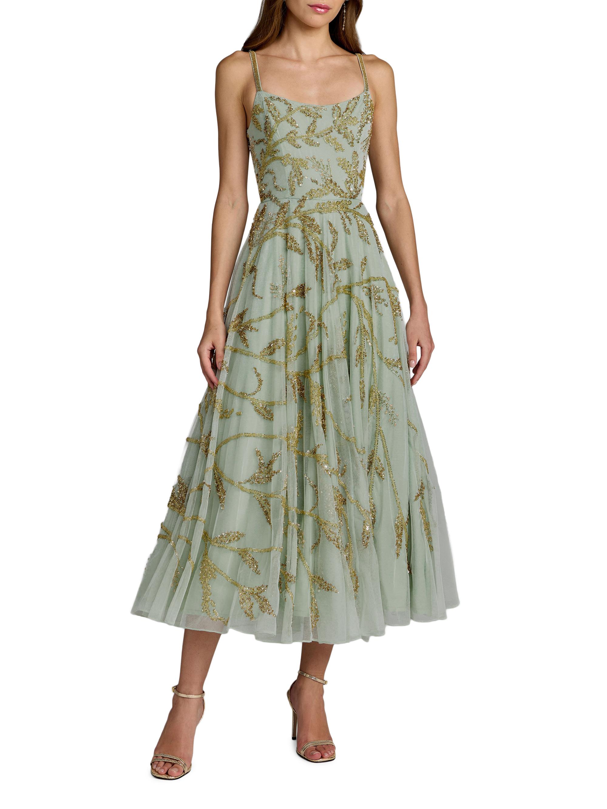 Mac Duggal Women's Embellished Mesh Midi-Dress - Seafoam Gold