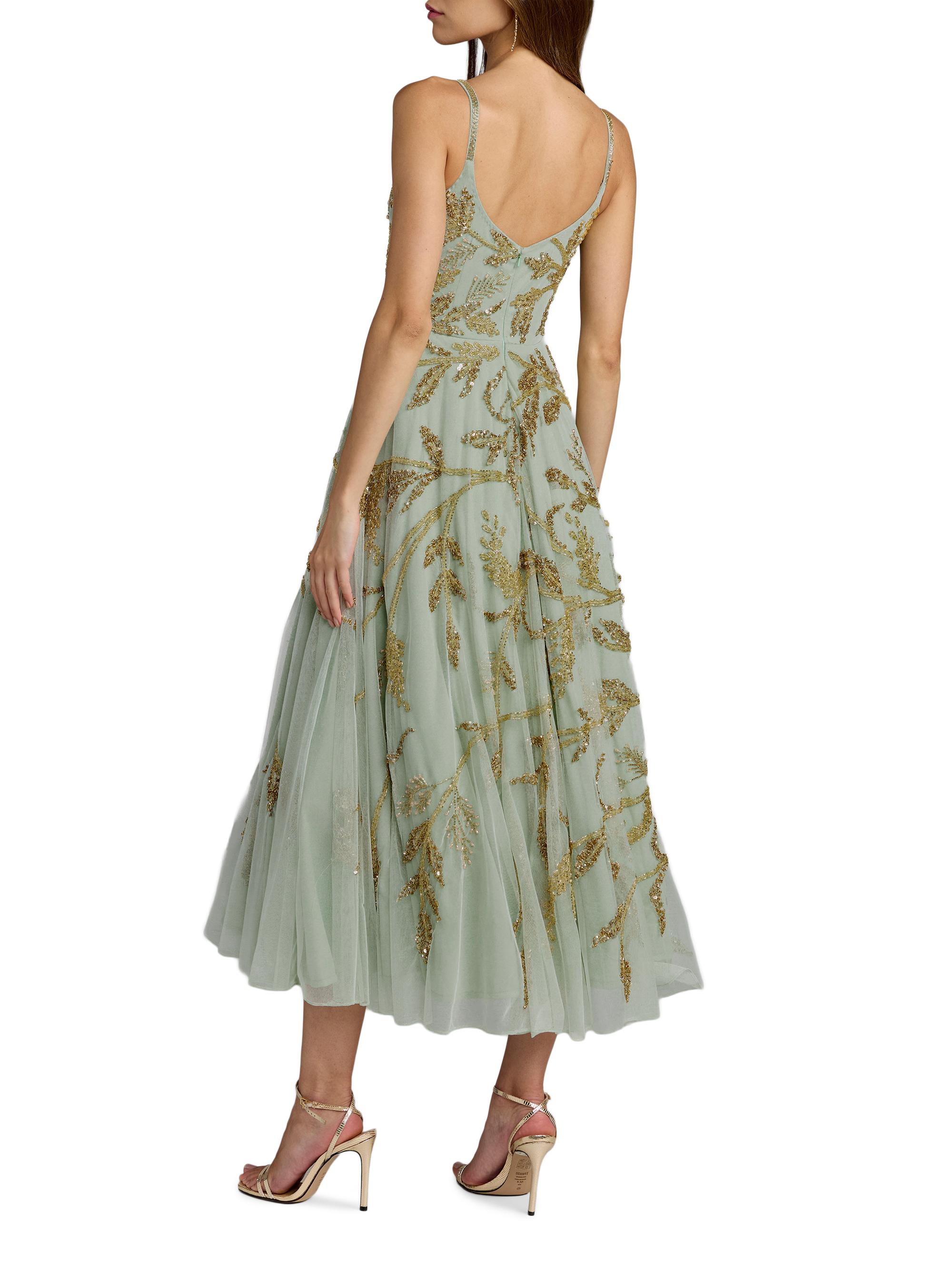 mac duggal scoop-neck floral beaded mesh midi dress Floral Beaded Mesh Scoop Neck Sleeveless Gown