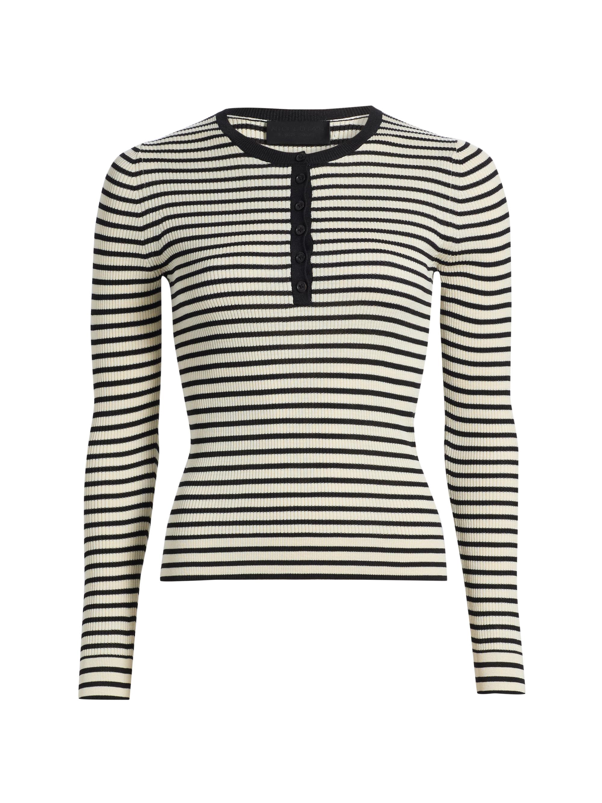 Nili Lotan Women's Kyrie Striped Silk Henley Sweater - Black  Stripe | Thumbnail 8
