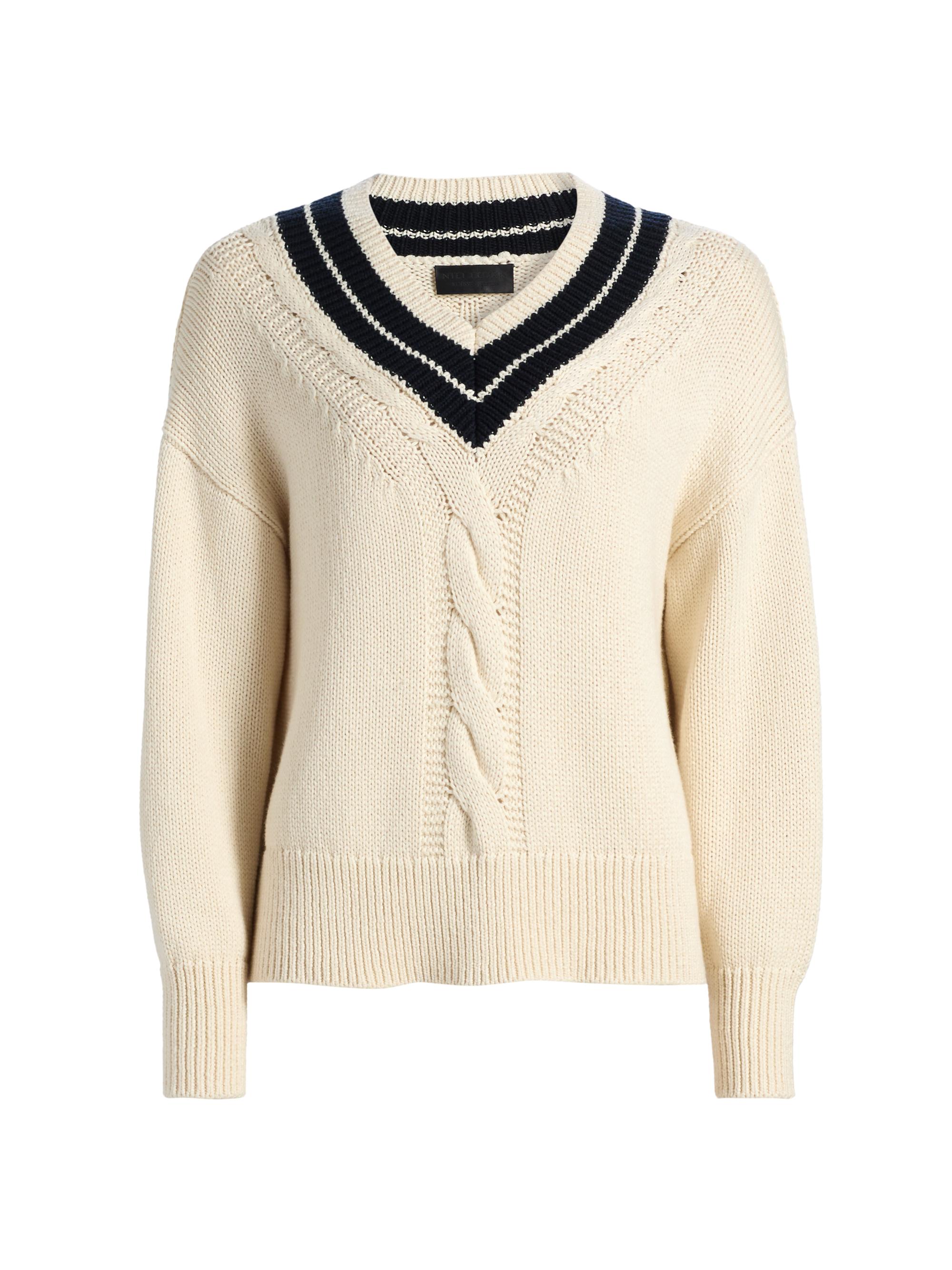 Nili Lotan Women's Suneel V-Neck Cotton-Cahsmere Sweater - Ecru Dark Navy