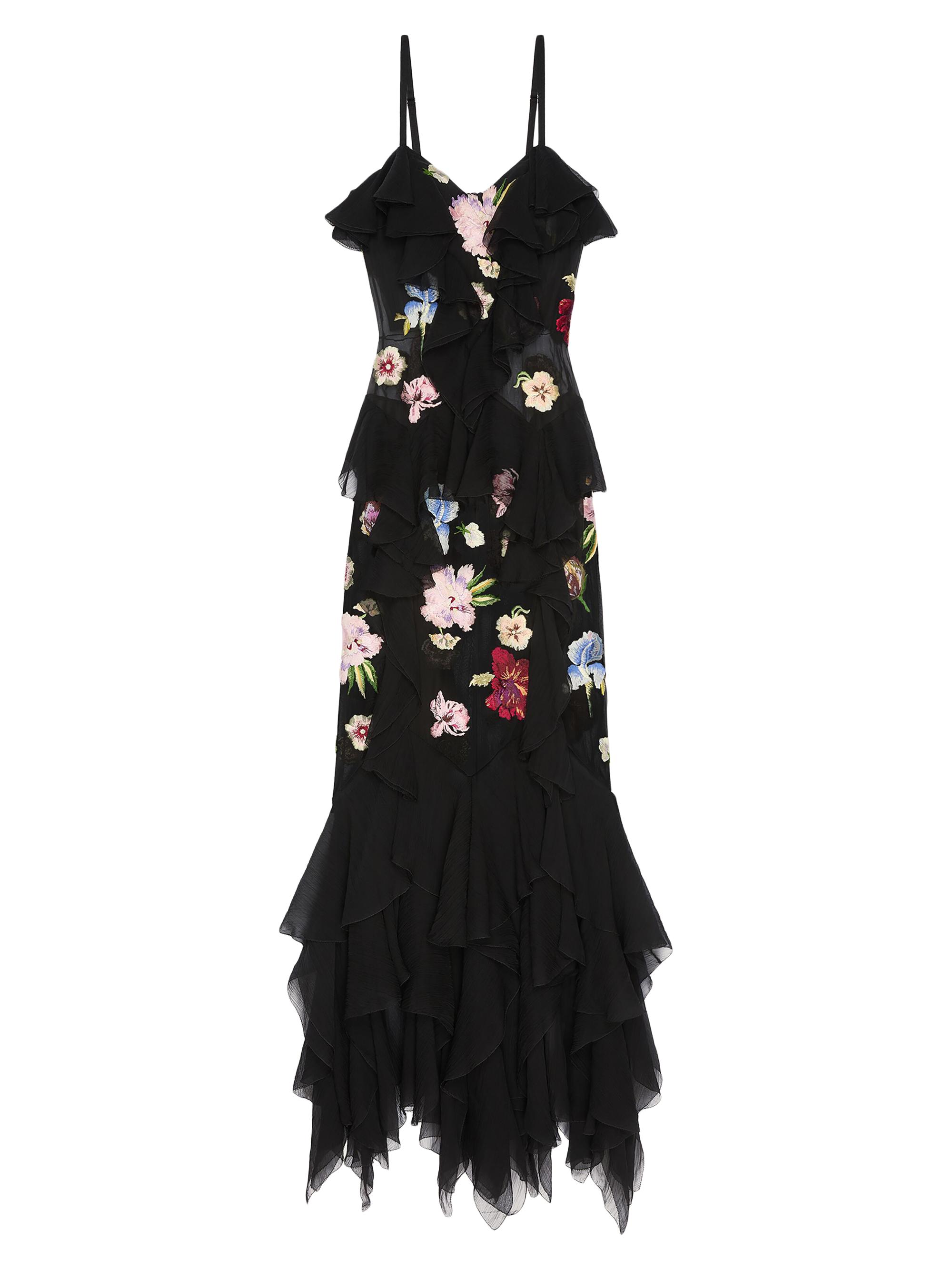Givenchy Women's Ruffled Dress in Silk Chiffon with Embroideries - Black