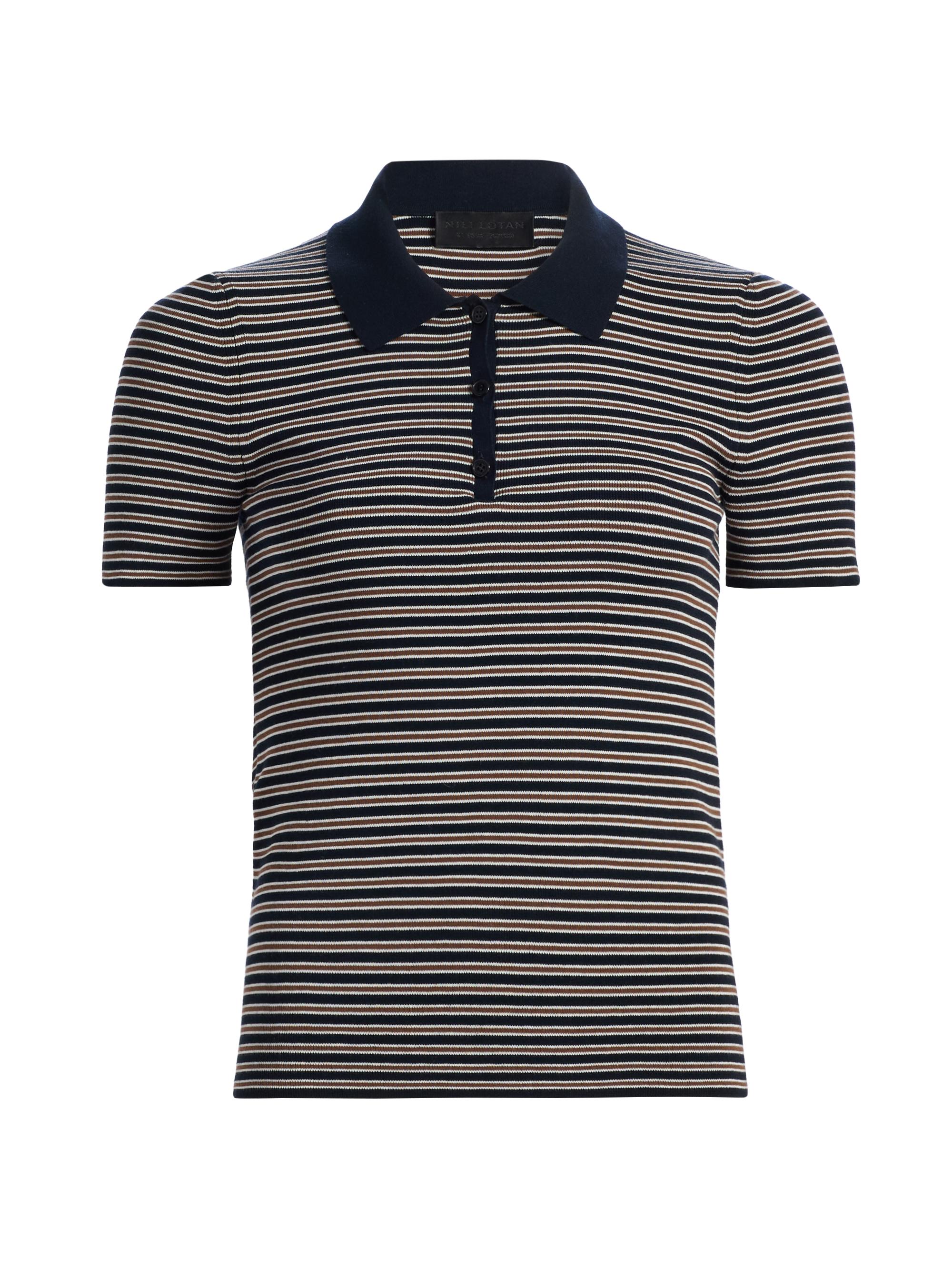 Nili Lotan Women's Gemmatta Striped Cotton Polo Top - Dark Navy Brown Stripe