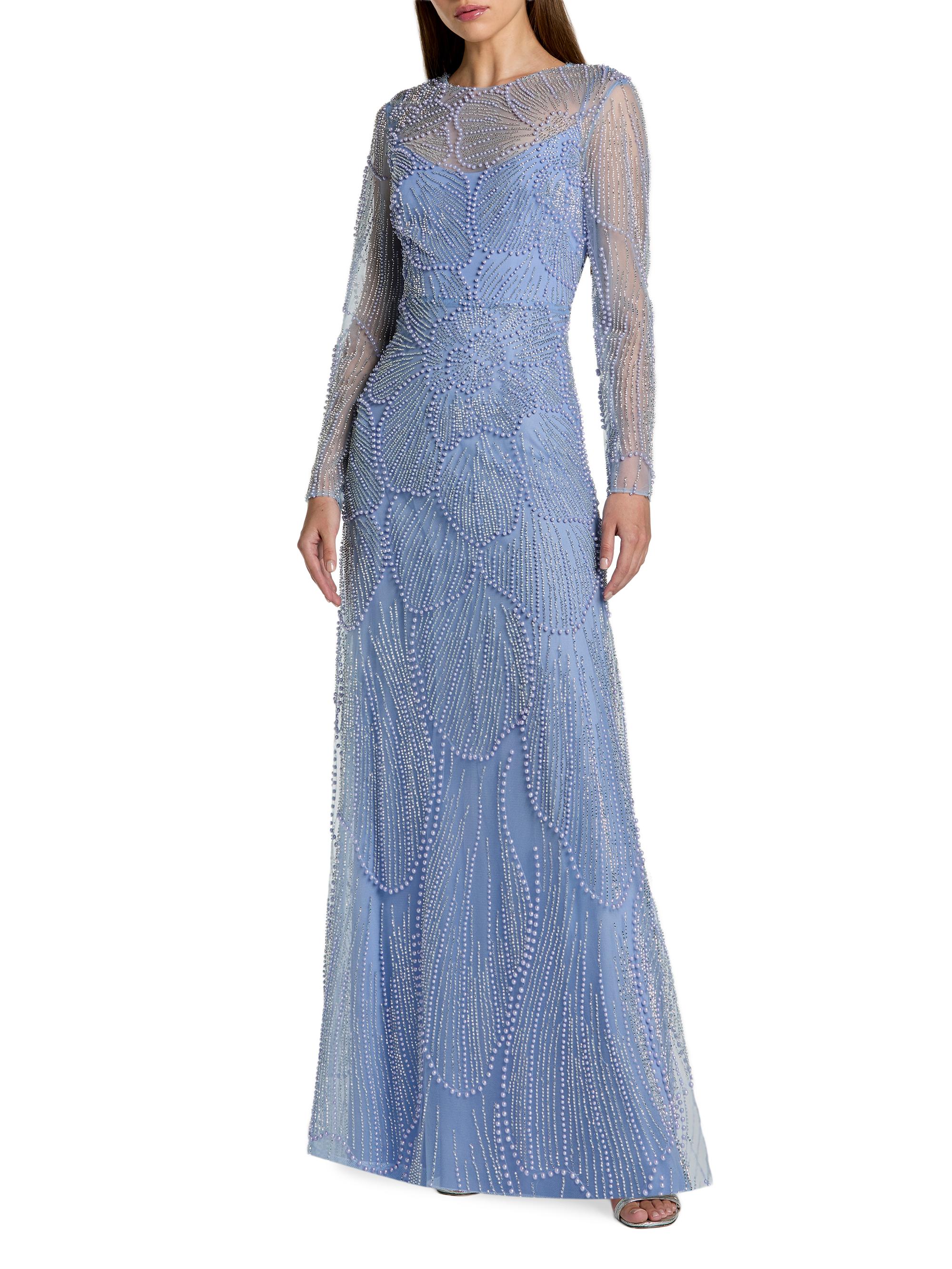 Mac Duggal Women's Beaded Mesh Long-Sleeve A-Line Gown - Periwinkle