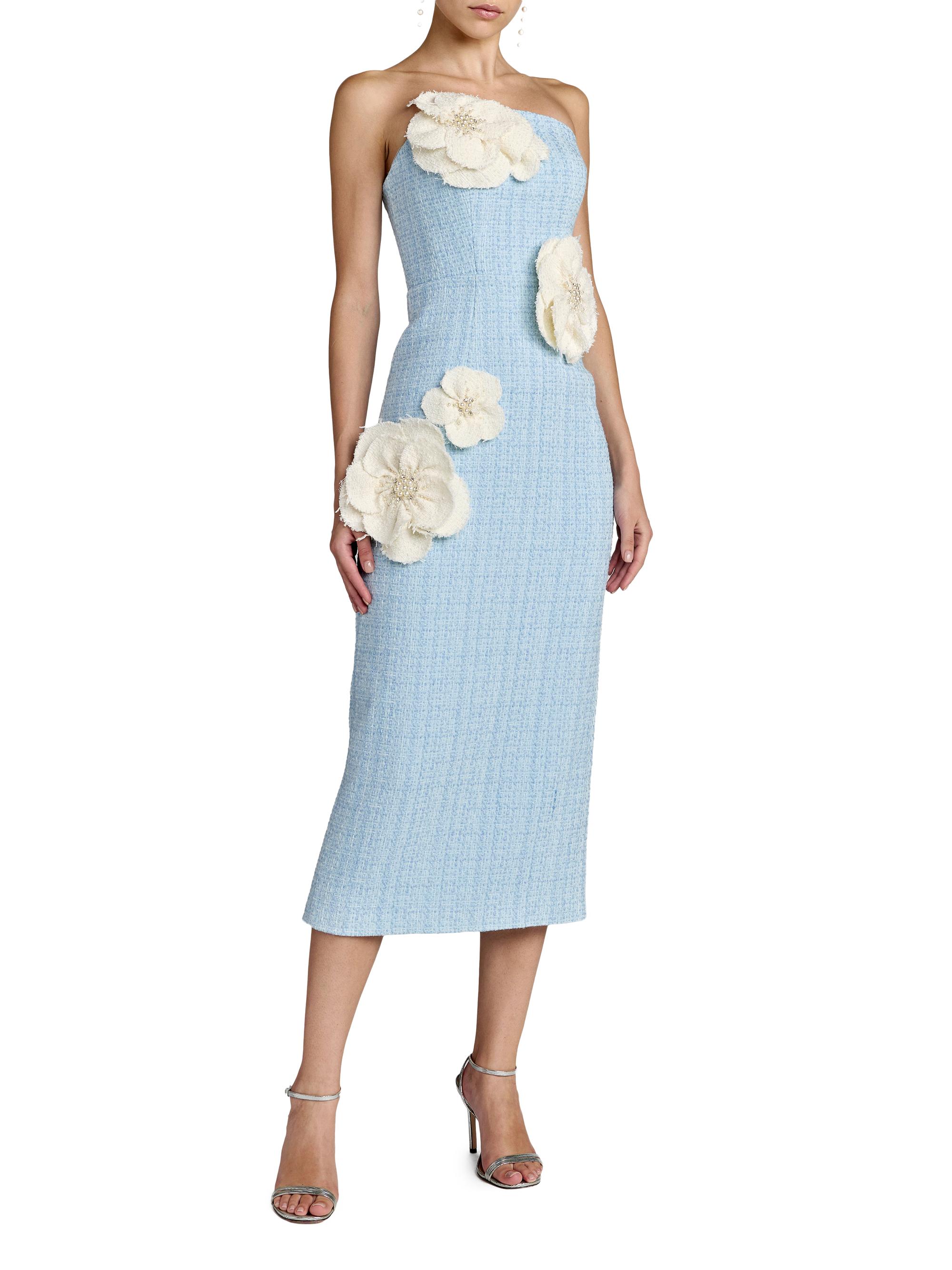Mac Duggal Women's Floral Appliqué Bouclé Strapless Midi-Dress - Powder Blue Multi