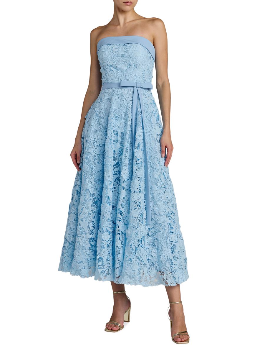 Mac Duggal Women's Floral-lace Crepe Strapless Midi-dress In Blue