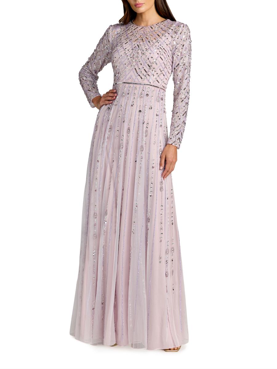 Mac Duggal Women's Tulle Beaded Long-sleeve A-line Gown In Purple