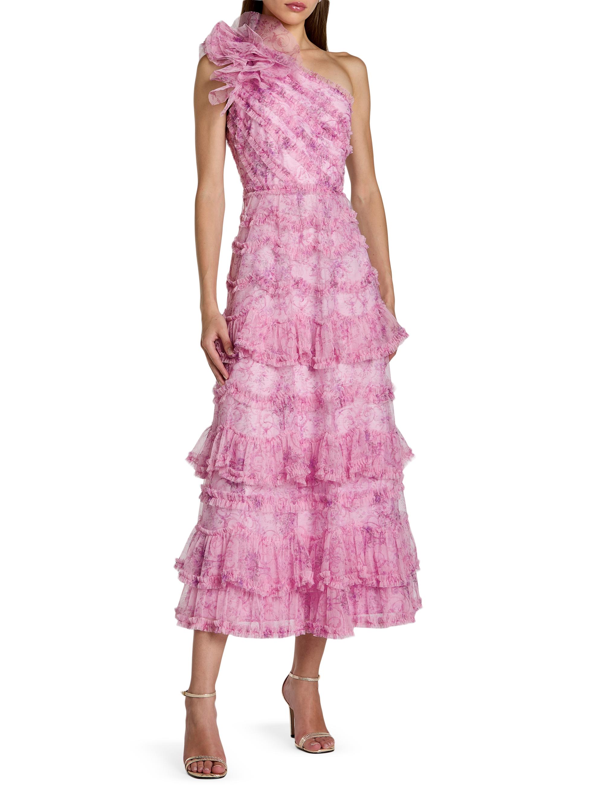 Mac Duggal Women's Baroque Mesh Ruffled One-Shoulder Midi-Dress - Pastel Multi