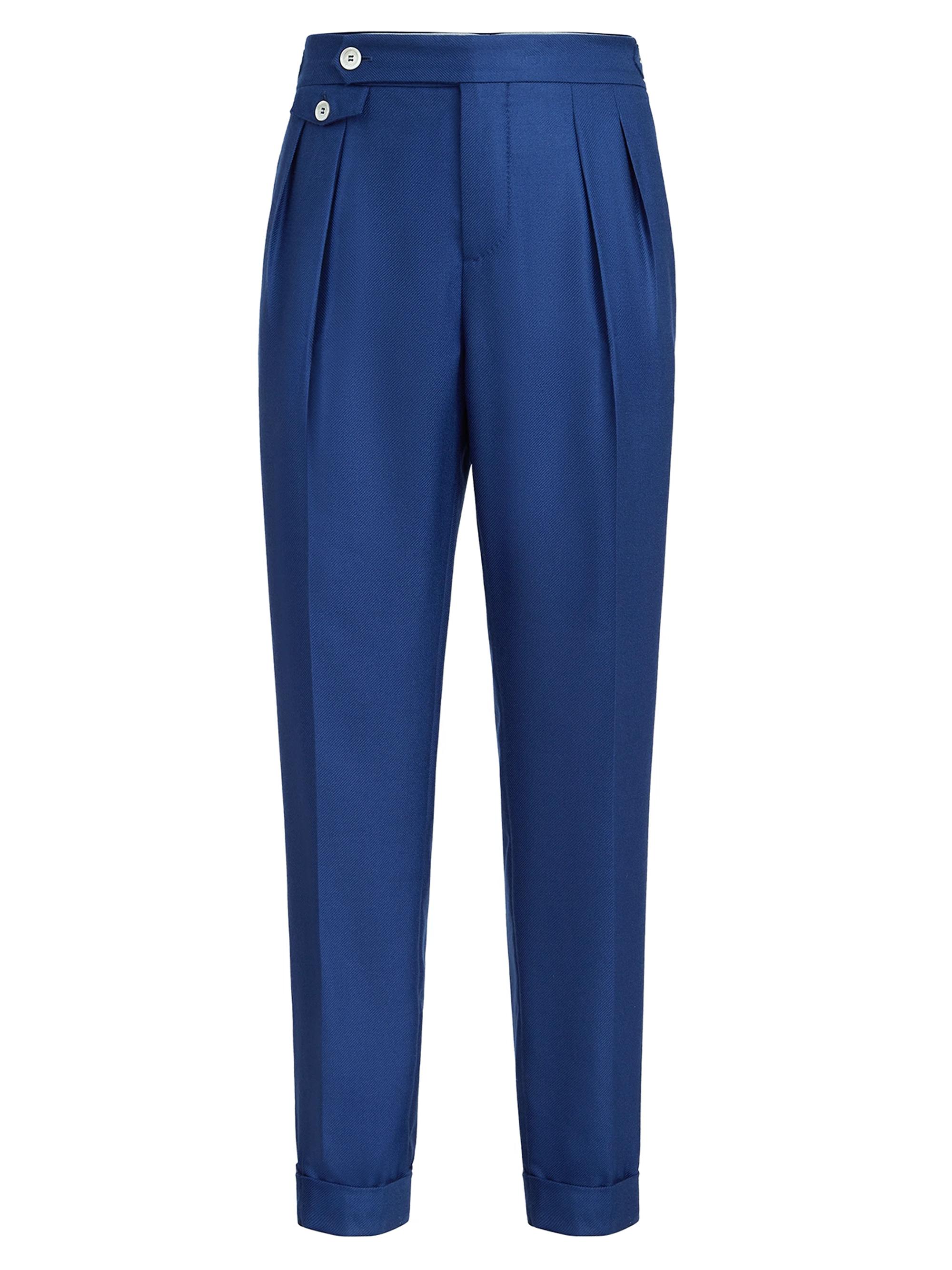 Brunello Cucinelli Men's Cashmere and Silk Diagonal Trousers with Double Pleats - Avio Blue
