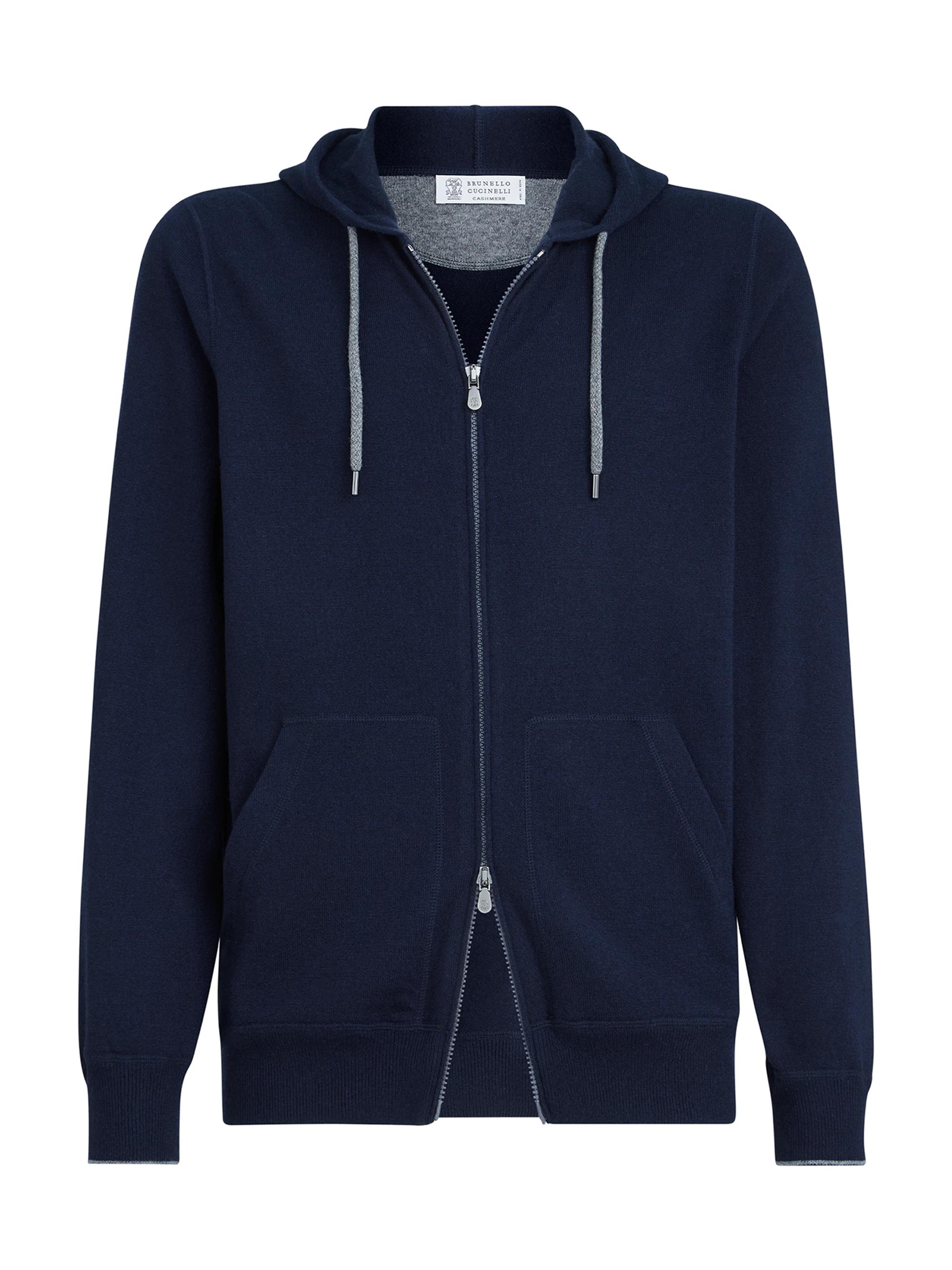 Men's Cashmere Sweatshirt Style Cardigan with Hood - Navy Blue