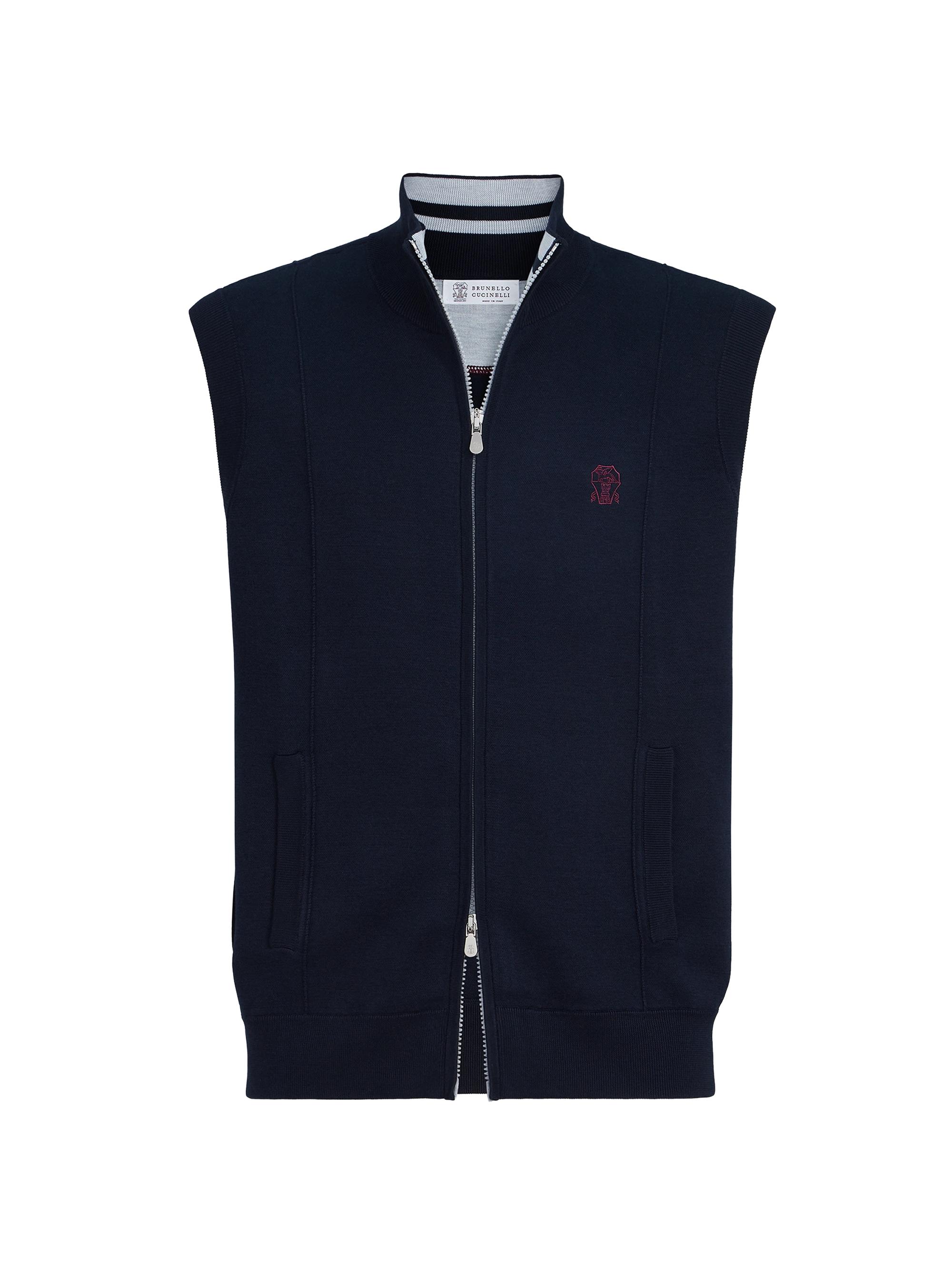 Brunello Cucinelli Men's Cotton and Silk French Terry Double Knit Vest with Logo - Blue
