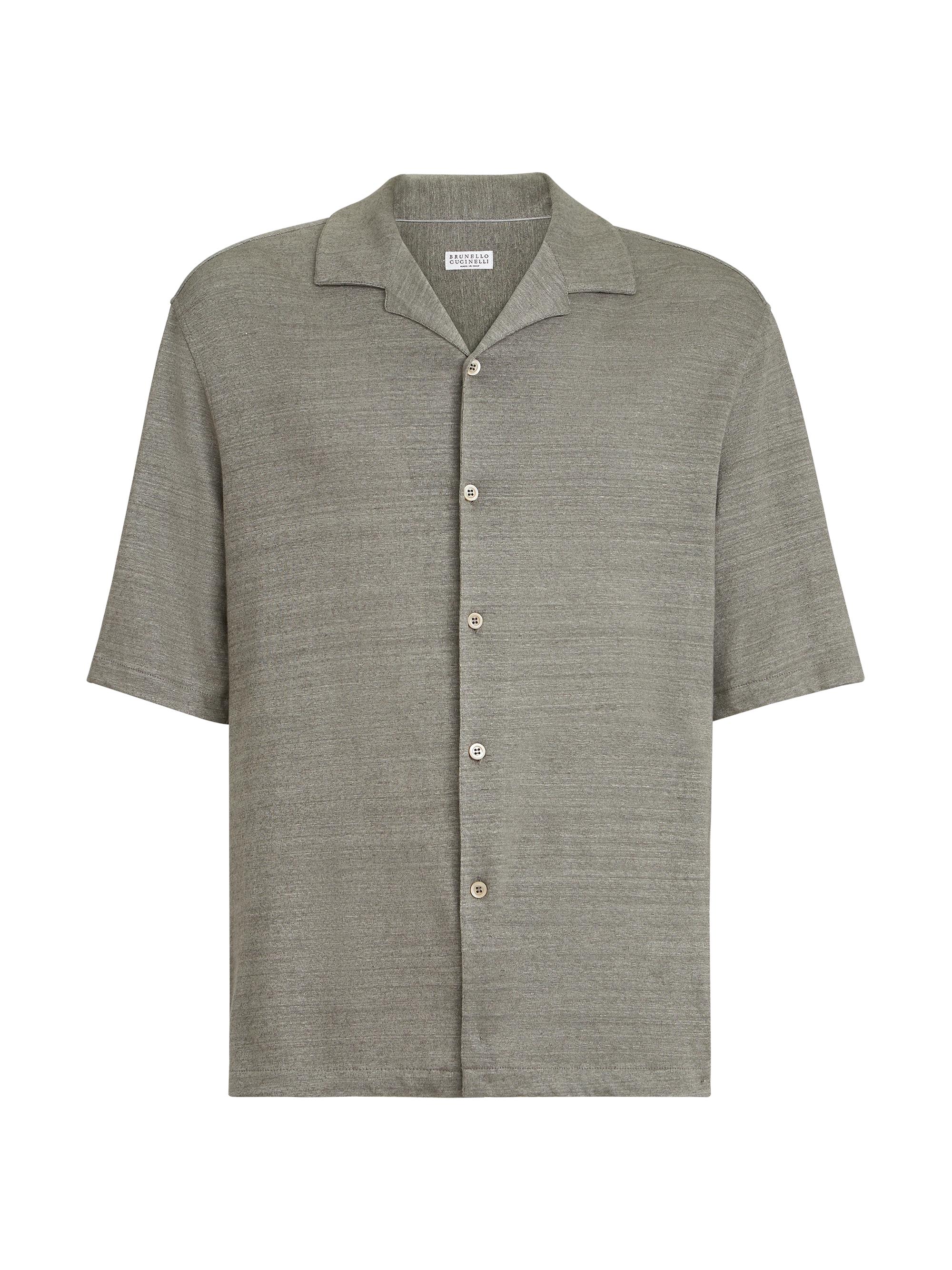 Brunello Cucinelli Men's Linen and Cotton Mélange Jersey Short Sleeve Shirt with Camp Collar - Khaki