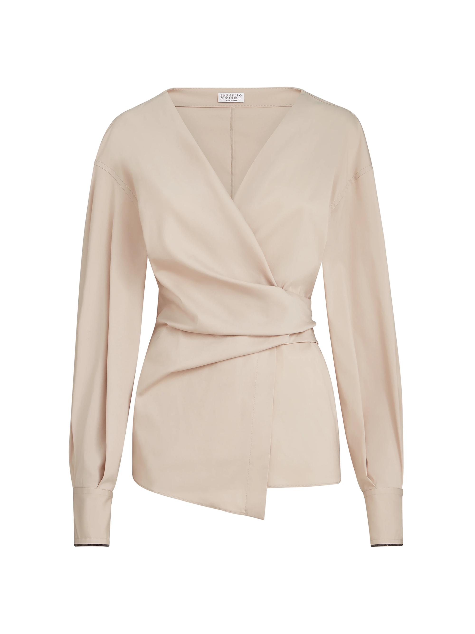 Brunello Cucinelli Women's Stretch Cotton Poplin Shirt with Shiny Cuffs - Beige