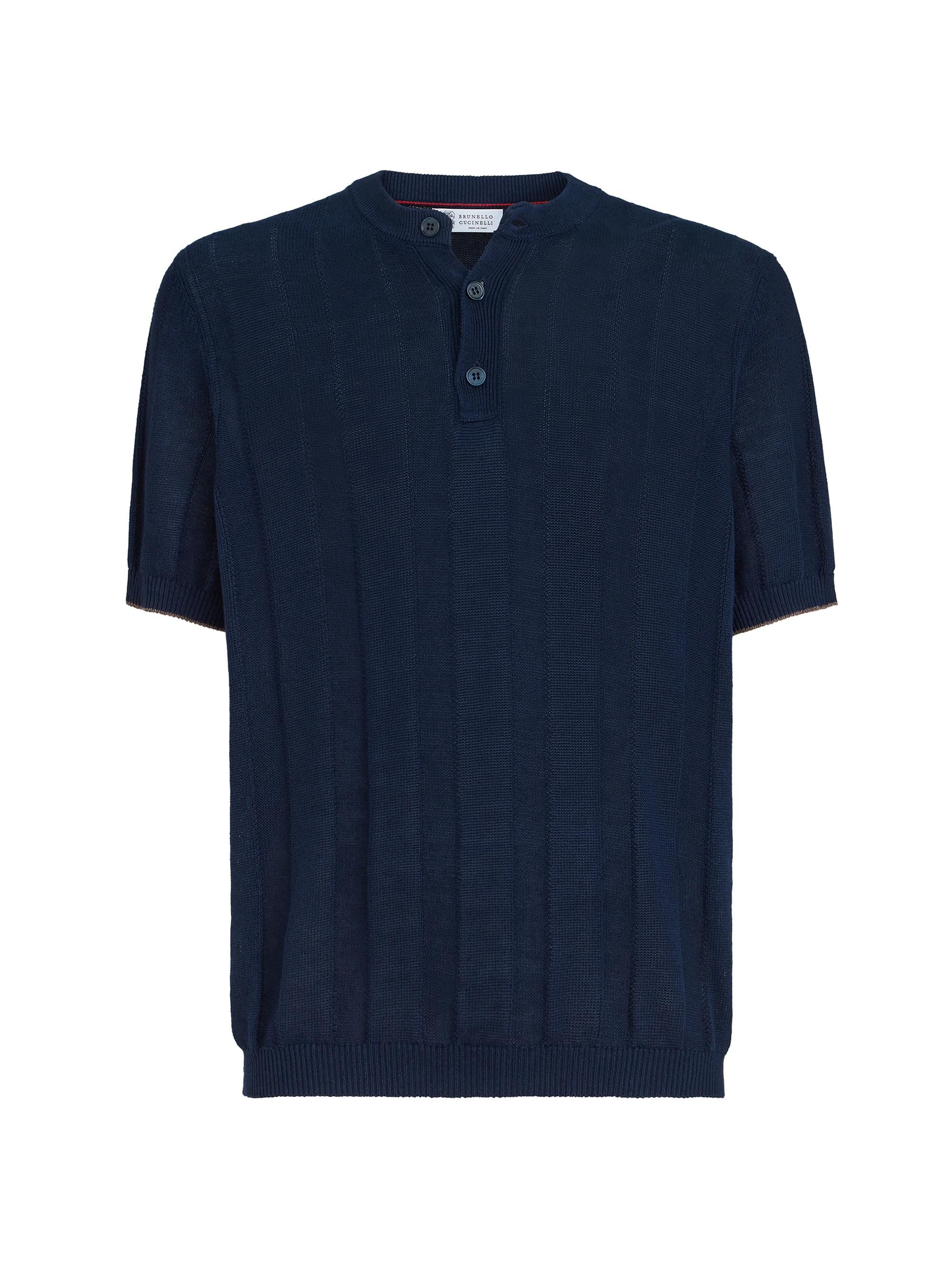 Brunello Cucinelli Men's Linen and Cotton Textured Rib Knit T-Shirt with Henley Collar - Navy Blue