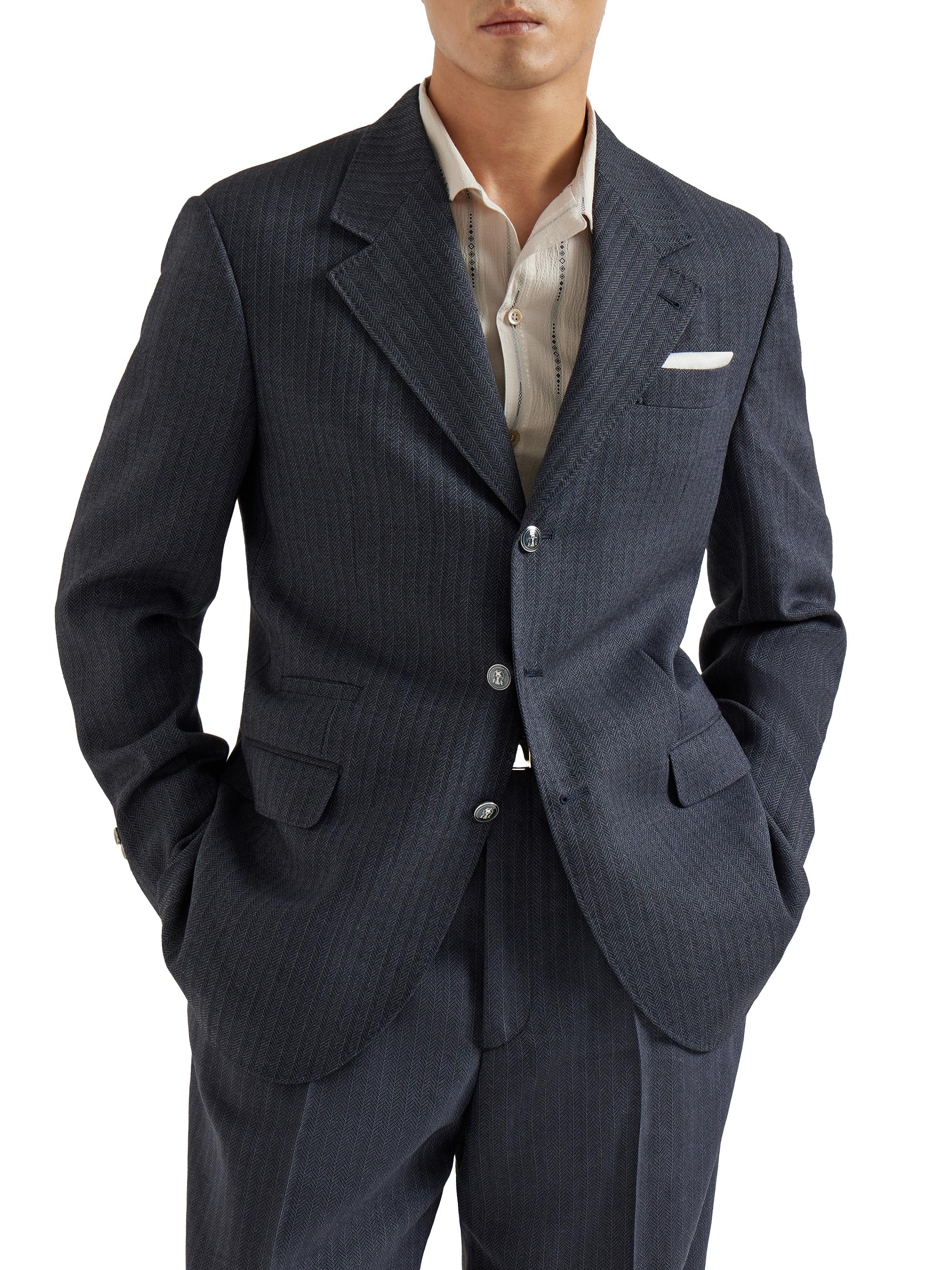 Brunello Cucinelli Men's Virgin Wool and Paper Fiber Chevron Tailor Blazer with Metal Buttons - Navy Blue