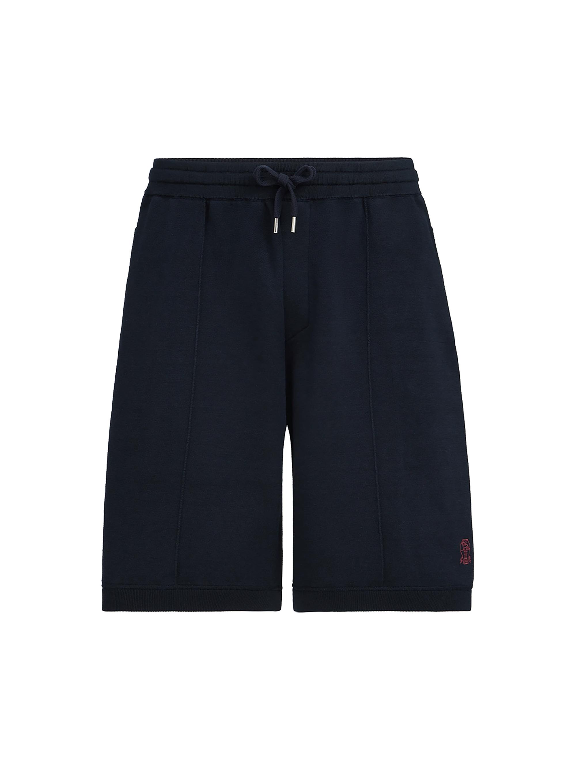 Brunello Cucinelli Men's Cotton and Silk French Terry Double Knit Bermuda Shorts with Logo - Navy Blue