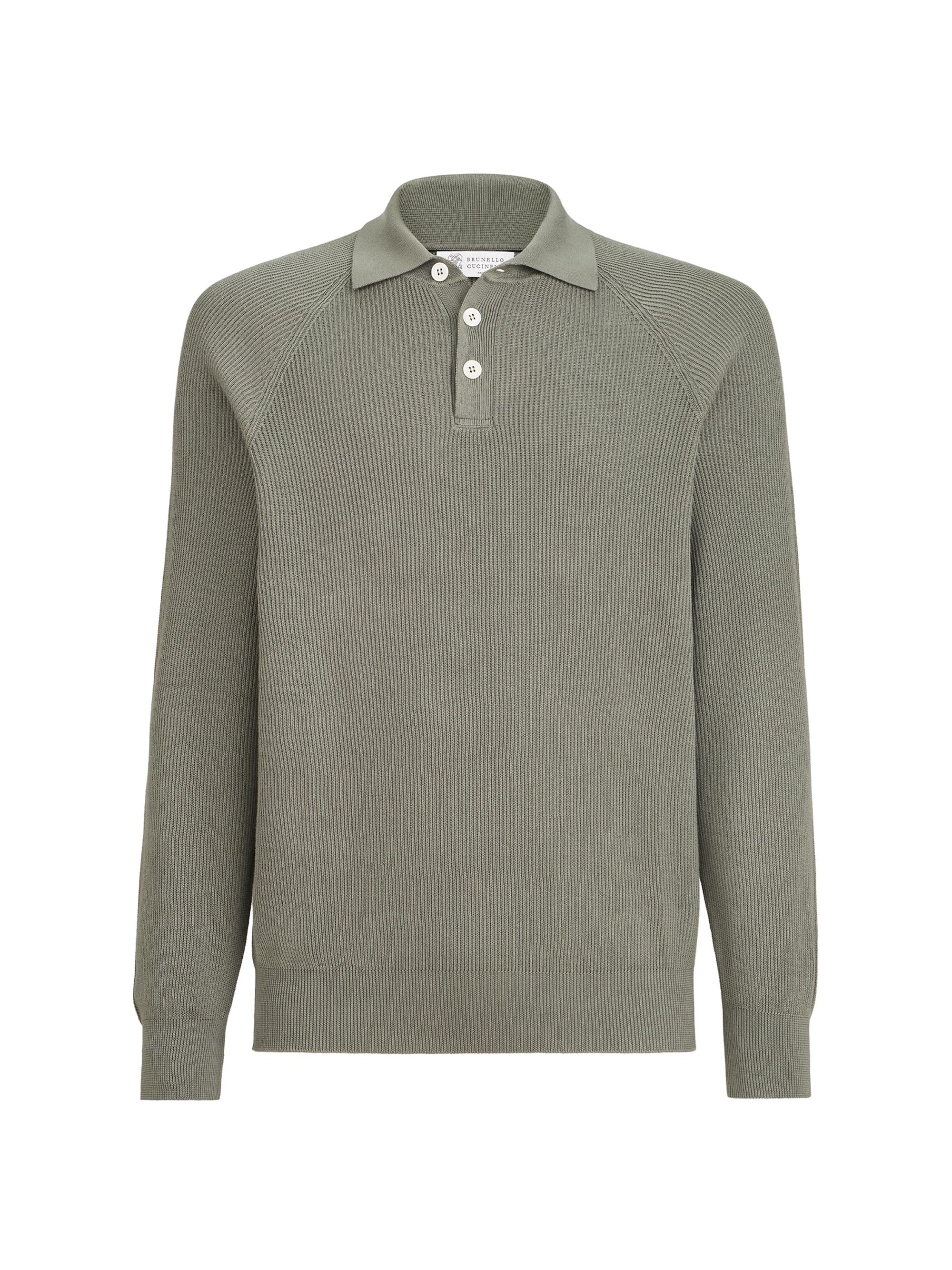 Brunello Cucinelli Men's Cotton English Rib Knit Polo Shirt with Long Raglan Sleeves - Khaki